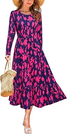 STYLEWORD Womens Fall Wedding Guest Dresses Long Sleeve Maxi Dress Casual Crewneck A Line Tiered Flowy Long Dresses Navy Rose Floral,S