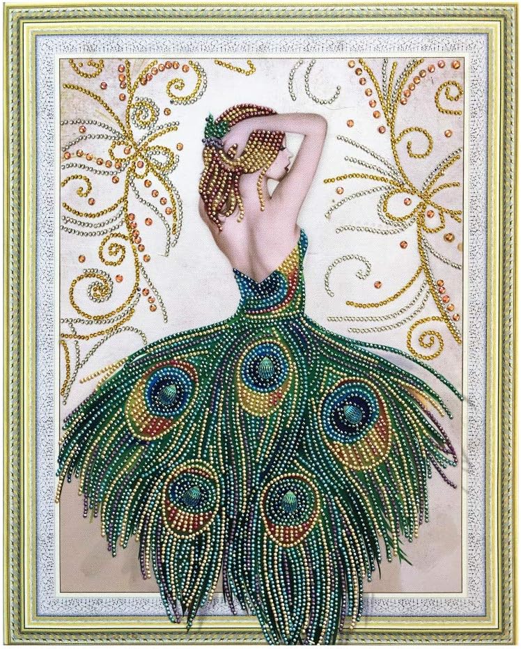 PowerBH Frameless Peacock Girl 5D DIY Diamond Painting Cross Stitch Crafts Childrens and Adults Paint by Number Kits Partial Special Shaped Diamond Pasting Area