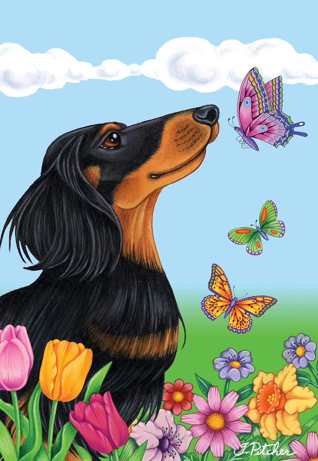 Dachshund Black/Tan Longhaired - Best of Breed Butterfly House Flag