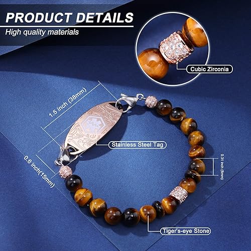 Miniatura 5 de Pulseras de alerta médica para mujeres y hombres, pulsera de identificación médica personalizada, 7 chakras con cuentas de emergencia, pulsera de