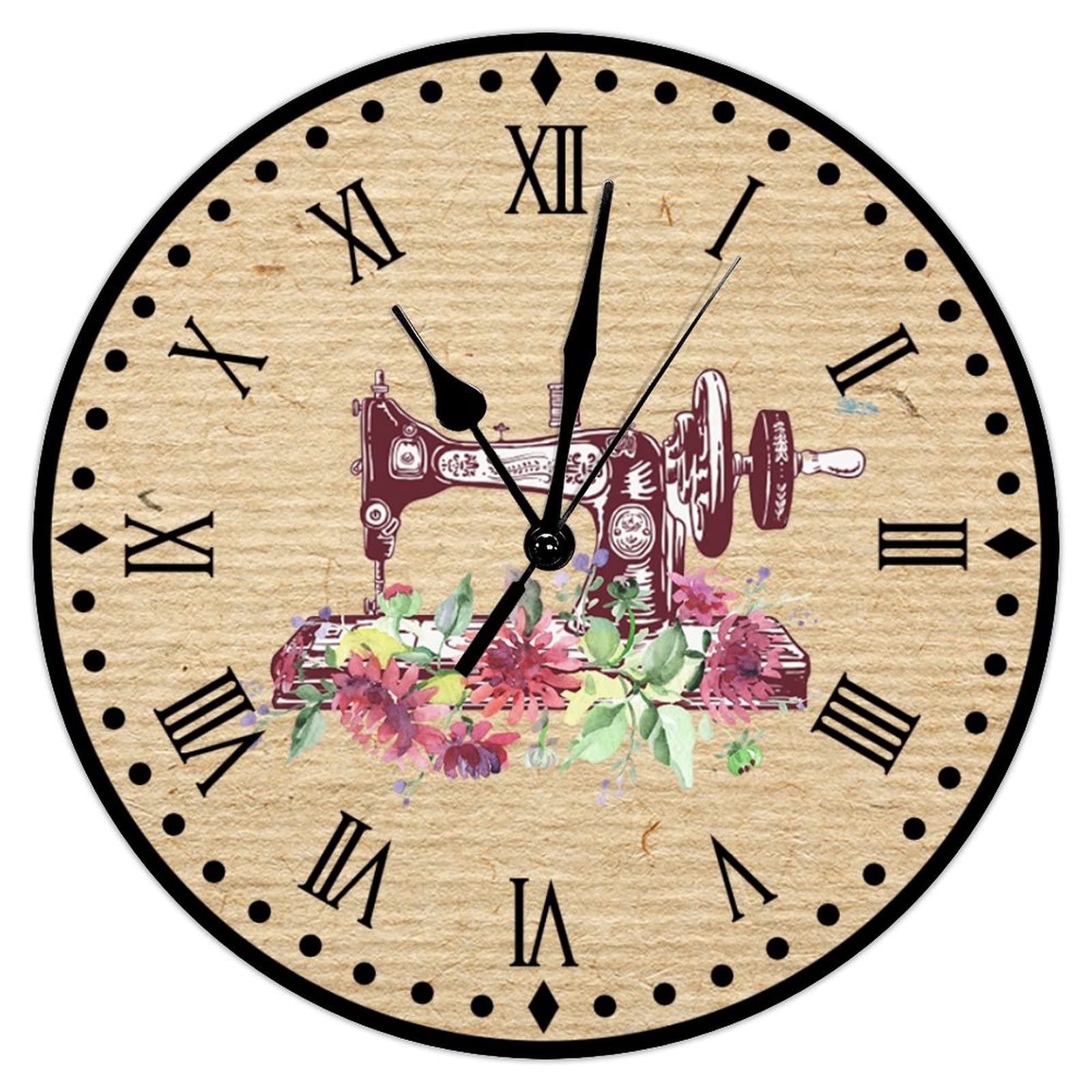 Floral Sewing Machine Wooden Clock Sewing Theme Round Wall Clock 12inch Artistic Silent Non-Ticking Battery Operated Wood Print Hanging Clock for Living Room Home Bedroom Craft Room Decor