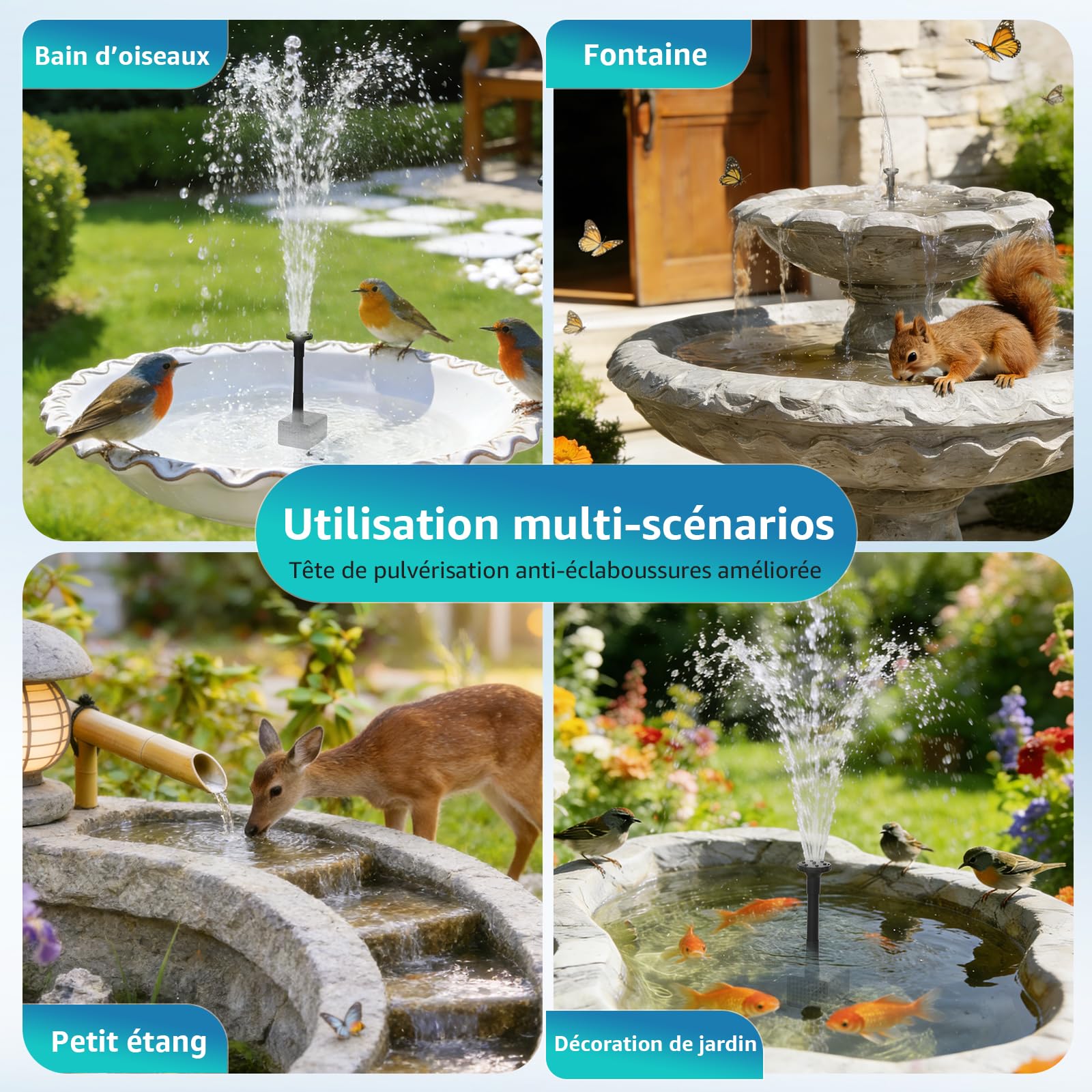 Pompe de Fontaine Solaire pour Bac à Oiseaux, 8.5W Pompe Solaire Extérieure avec 7+ Modes de Pulvérisation & 1.5m Tuyau, Pompe Solaire DIY pour Jardin, Bassins, Piscines et Aquariums