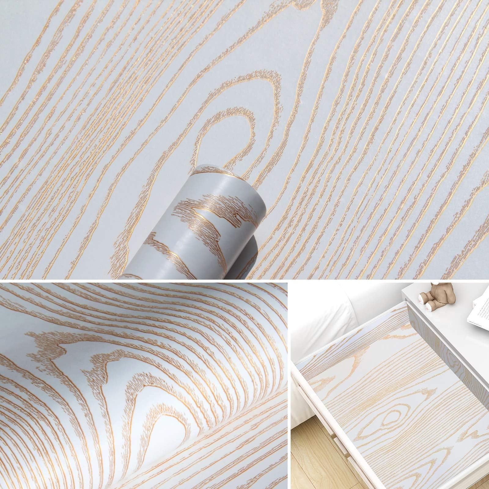 Orainege Gold Wood Contact Paper Gold and White Peel and Stick Wallpaper 17.7in x78.7in Gold Wood Grain Removable Wallpaper White and Gold Decorative Self Adhesive Contact Paper Bedroom Kitchen