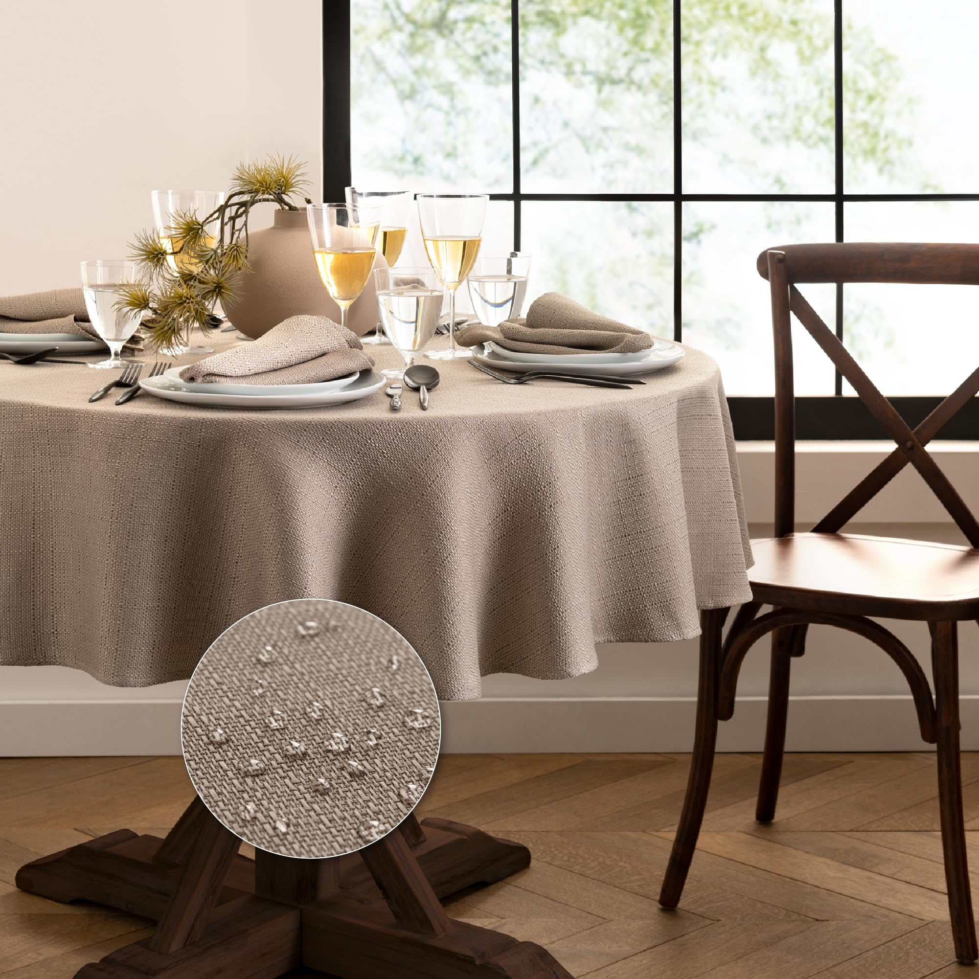 Elrene Taupe Home Fashions Laurel Solid Texture Water And Stain Resistant Tablecloth, 90" Round,