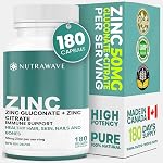 Nutrawave 2-IN-1 Suppléments de zinc, formule à forte absorption 50 mg de gluconate de zinc + Booster d'immuno-friendly, peau saine, cheveux, ongles, citrate de zinc & Bones, pour les hommes & Les femmes, Vegan, 6-Month Approvisionnement