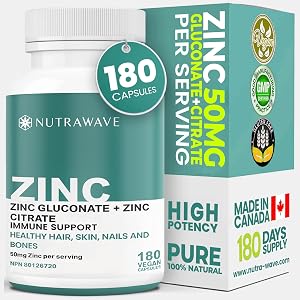 Nutrawave 2-IN-1 Zinc Supplements, High Absorption Formula 50 mg Zinc Gluconate + Zinc Citrate Chelated Stomach-Friendly Immune Booster, Healthy Skin, Hair, Nails & Bones, For Men & Women, Vegan, 6-Month Supply