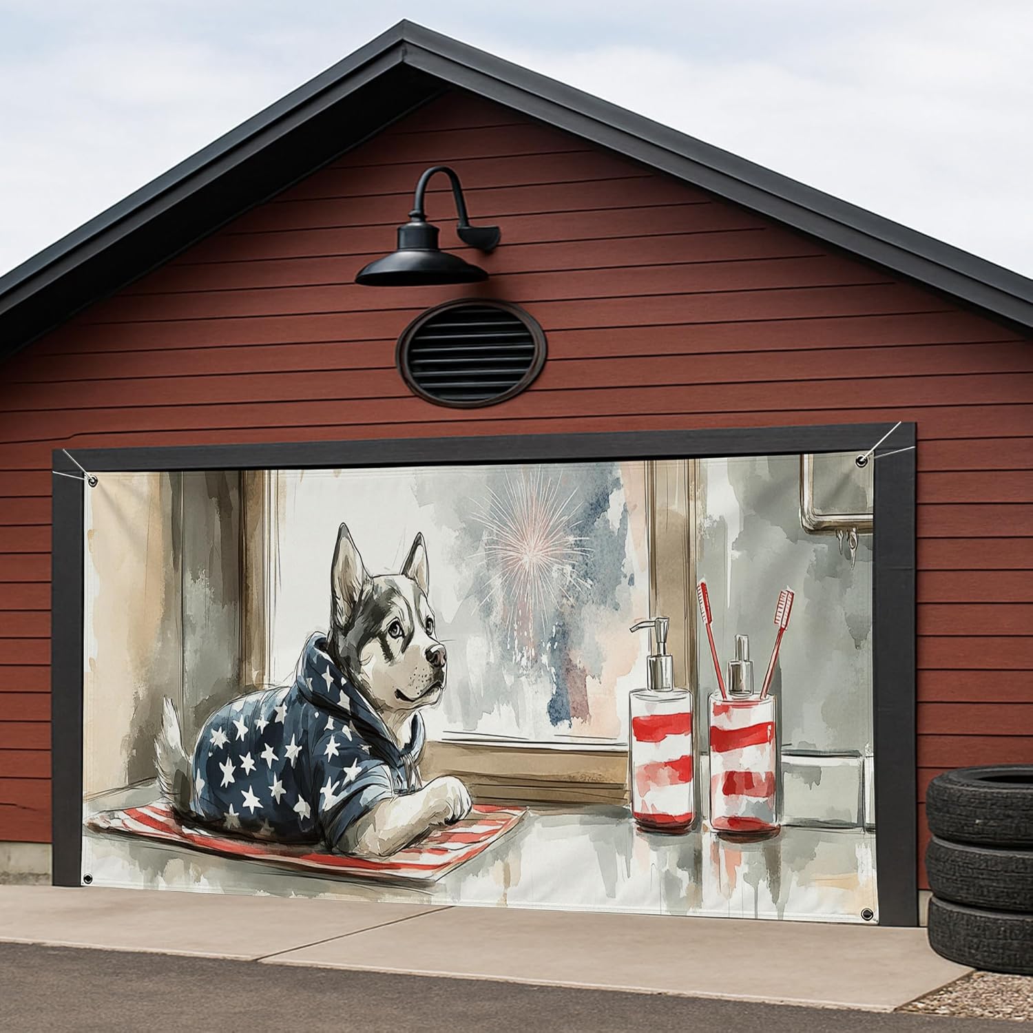 Patriotic Husky Large Garage Door Banner Décor, Modern Watercolor Style Decorations for Independence Day summer 157x71 Inch