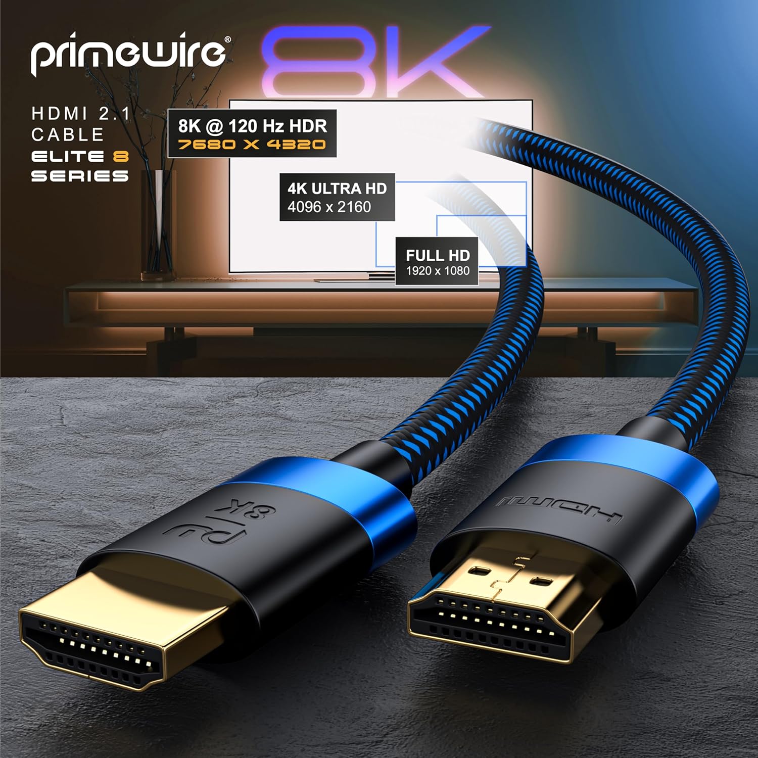 Primewire - HDMI 2.1 8k 4k Cable 1M, 8k@30Hz 120Hz DSC, 4k@60Hz 120Hz 144Hz 240Hz DSC, UHD II High Speed Ethernet HDMI Lead 3D HDR 10+ eARC Dolby Vision Compatible with PC Laptop TV Sky PS5 PS4 Xbox