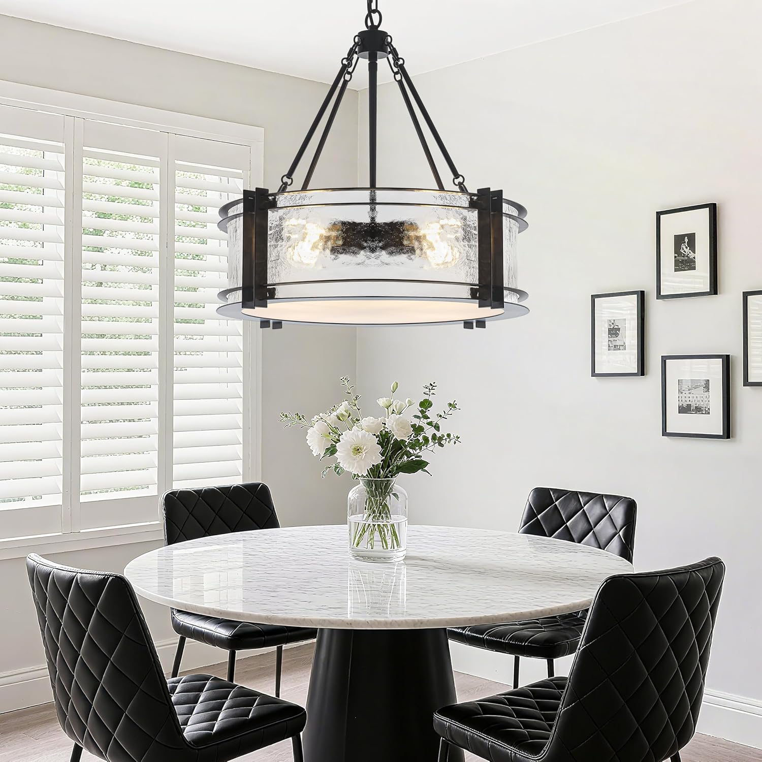 4-Light Black Texture Glass Drum Chandelier, 20.5" Modern Round Light Fixture for Dining Room Bedroom Foyer Living Room Entryway Kitchen