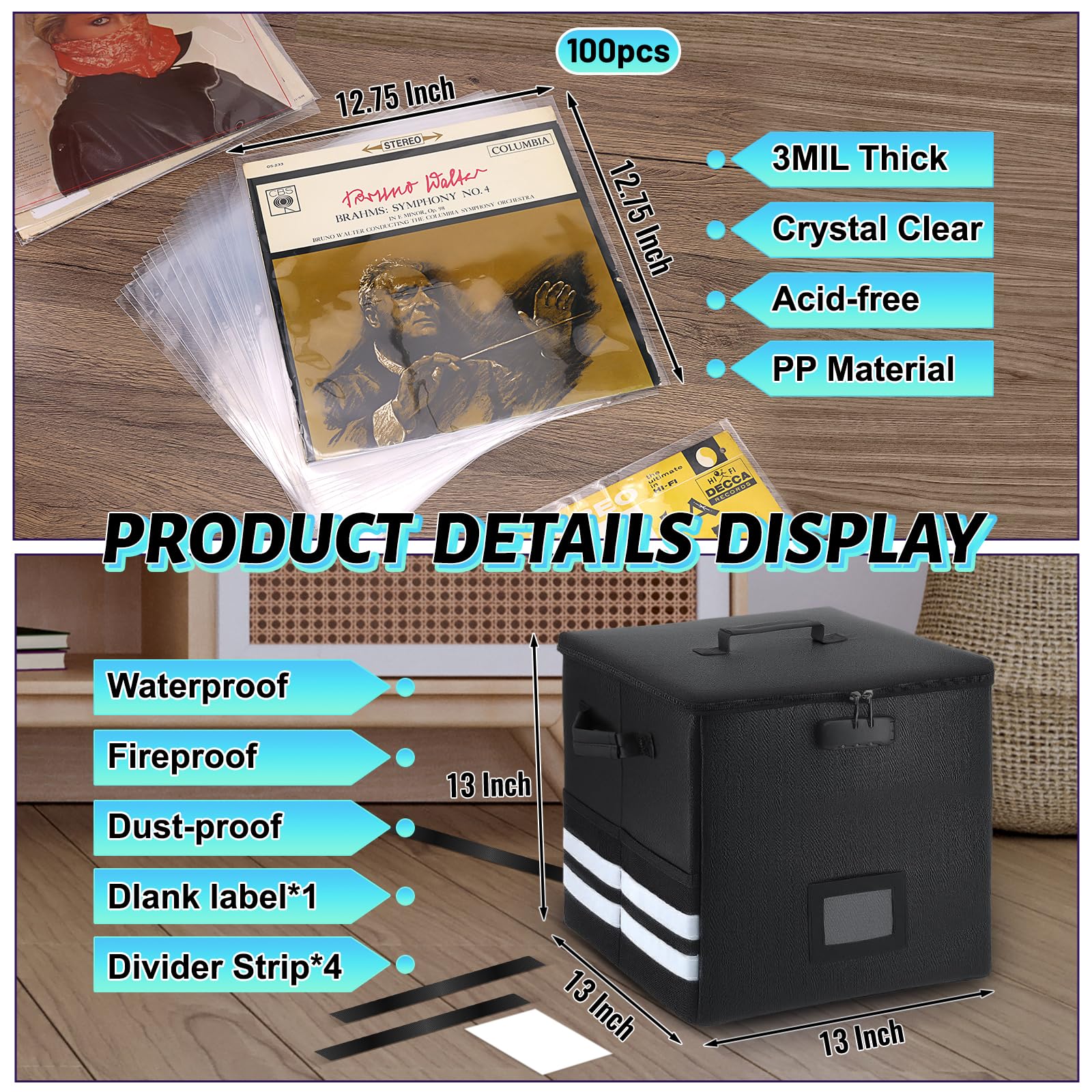 Almacenamiento de discos de vinilo con 100 fundas para discos, caja organizadora de discos ignífuga y resistente al agua con cerradura, fundas transparentes de vinilo sin arrugas, kits de protección