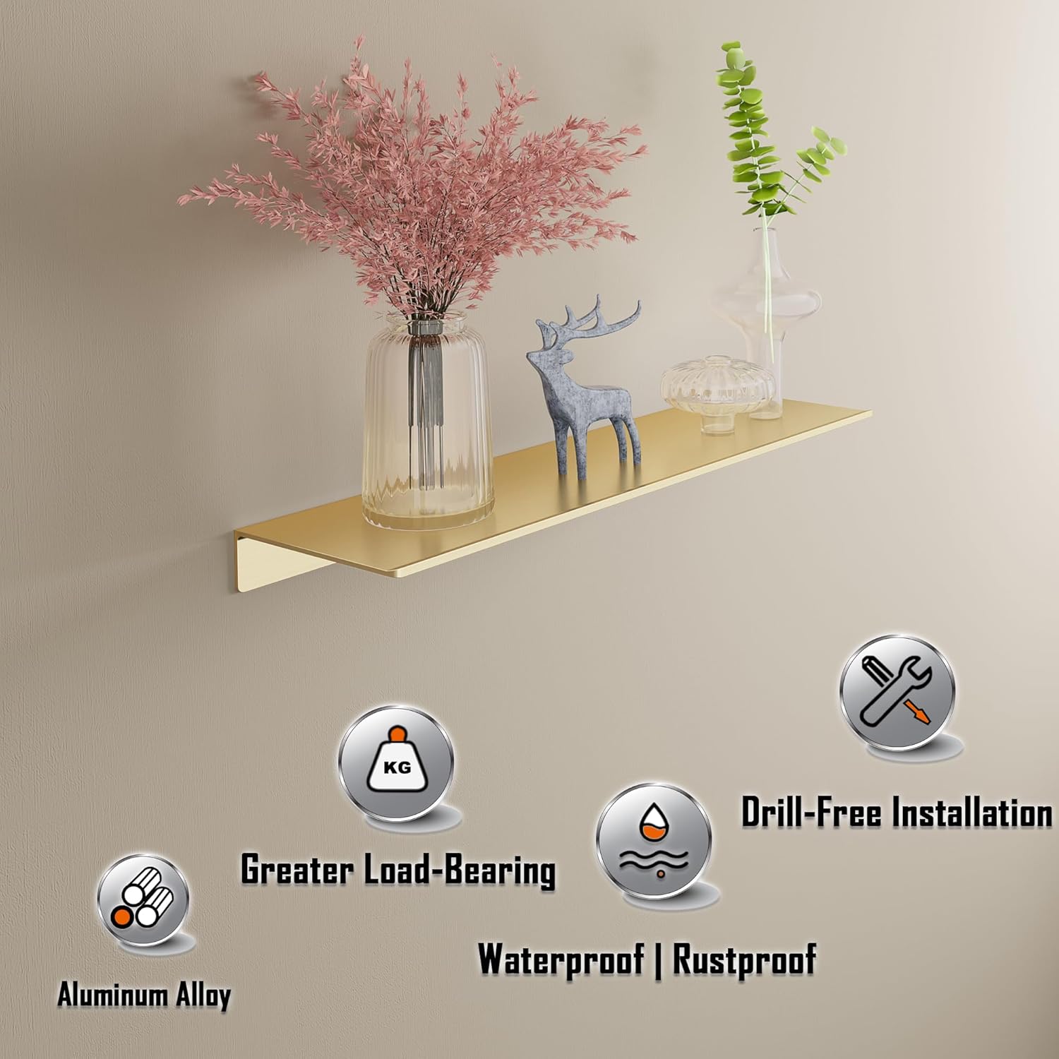 Metal Floating Shelves, Set of 2, Brushed Gold Wall Shelves Picture Ledge, Shower Caddy Wall Mounted, Decorative Display Shelf for Bedroom, Living Room, Bathroom, Office