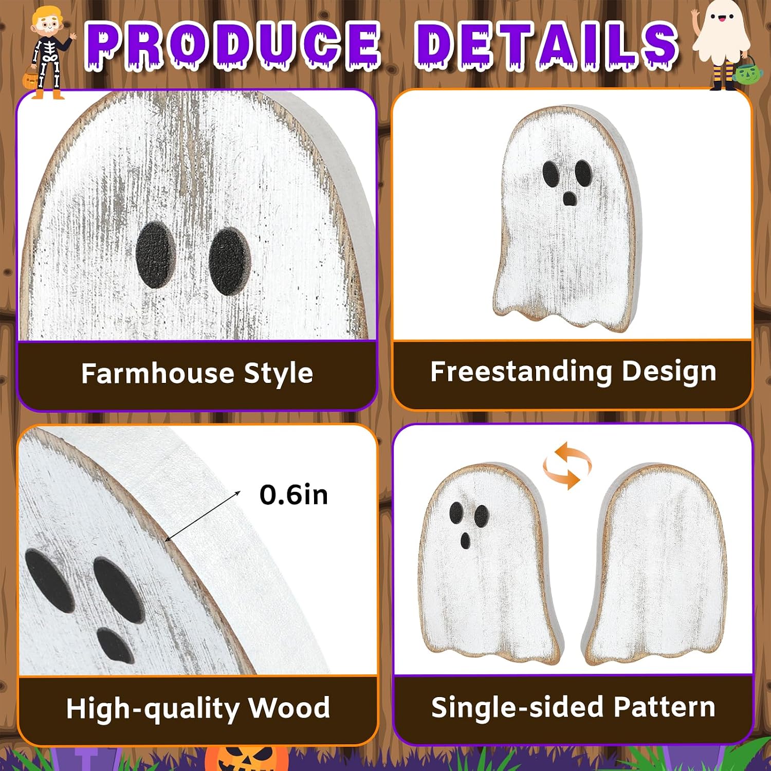 3Pcs Halloween Table Decorations Indoor, Farmhouse Halloween Cute Ghost Decorations, Rustic Ghost Table Centerpieces Signs Tiered Tray Decor for Home Mantel Shelf Office Party Supplies (White)
