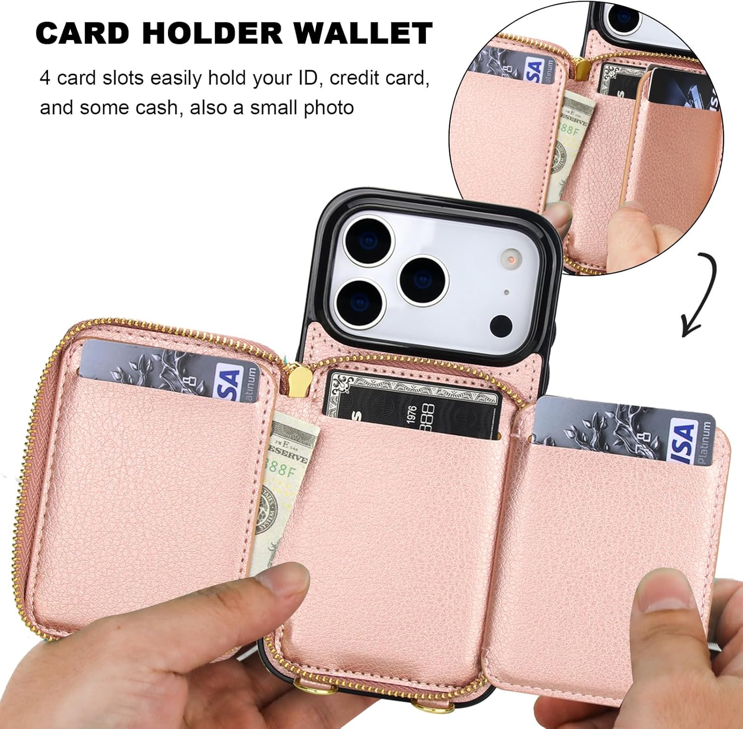 Bocasal Crossbody Wallet Case for iPhone 17 Pro, RFID Blocking PU Leather Zipper Handbag Purse Flip Cover, Kickstand Folio Case with Card Slots Holder Wrist Strap Lanyard 5G 6.3 Inch (Rose Gold) - Image 4