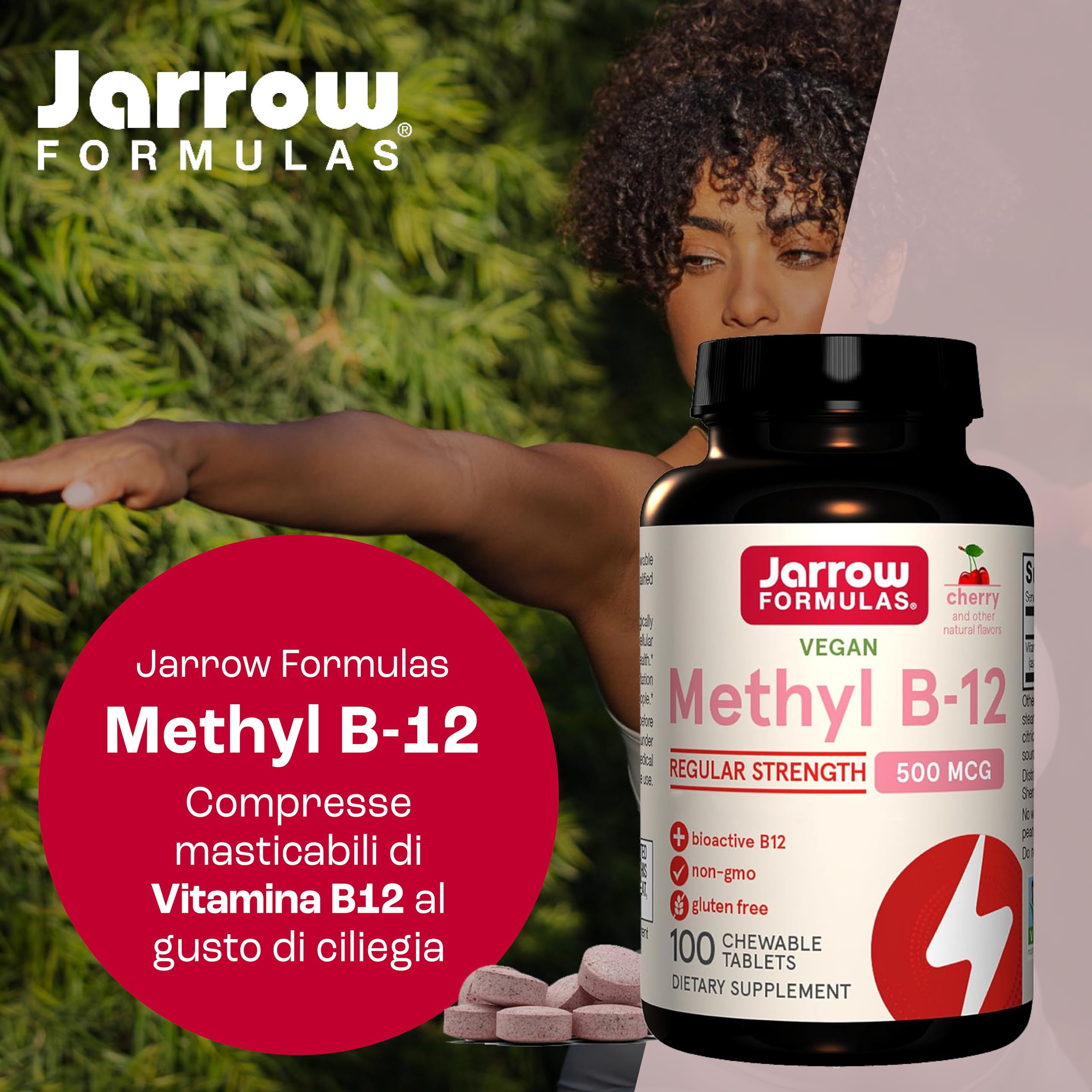 Jarrow Formulas, Methyl B12, 500mcg, Gusto Ciliegia, 100 Compresse masticabili vegano, Testato in Laboratorio, Senza Glutine, Vegetariano, Senza Soia, Senza OGM
