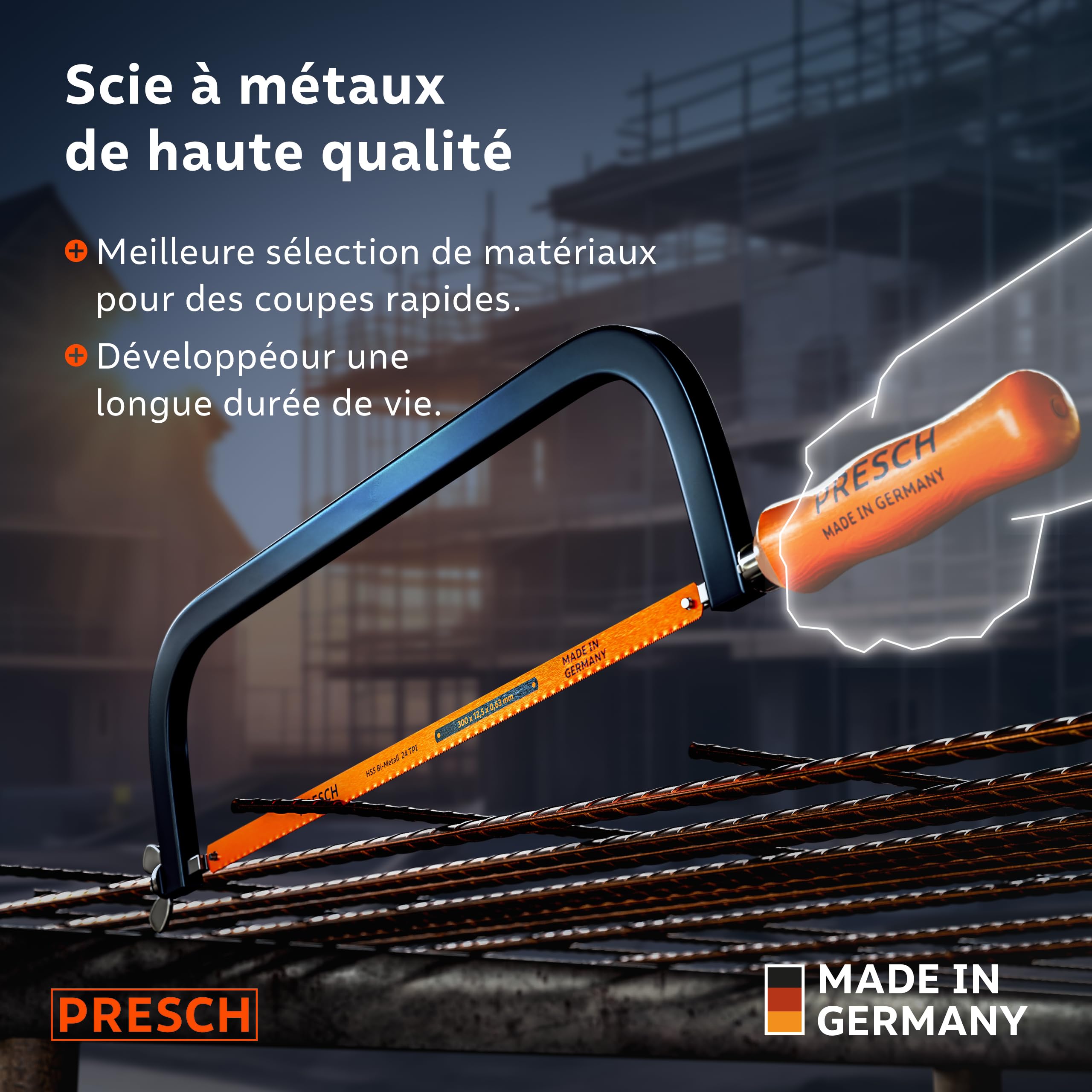 Presch Scie à métaux 300mm - Avec lame de scie BI-métal pour une coupe précise - Rotation de 90° de la lame pour des coupes horizontales & verticales - Changement rapide des lames