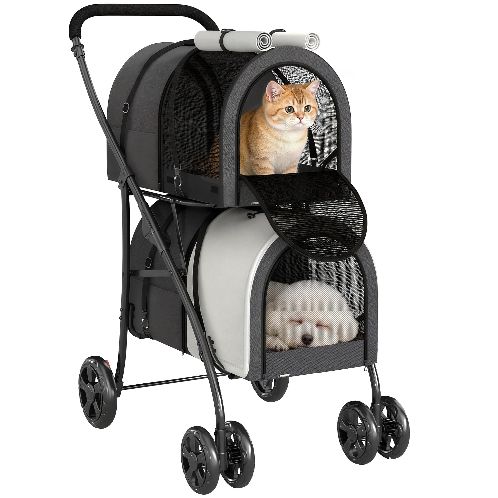 PawHut Carrito Doble para Perros Gatos Cochecito Plegable para Mascotas con 2 Transportines Extraíbles Cinturón de Seguridad Bolsillos Laterales y 2 Cojines Cada Carga 10 kg 66x50x98 cm Gris Oscuro