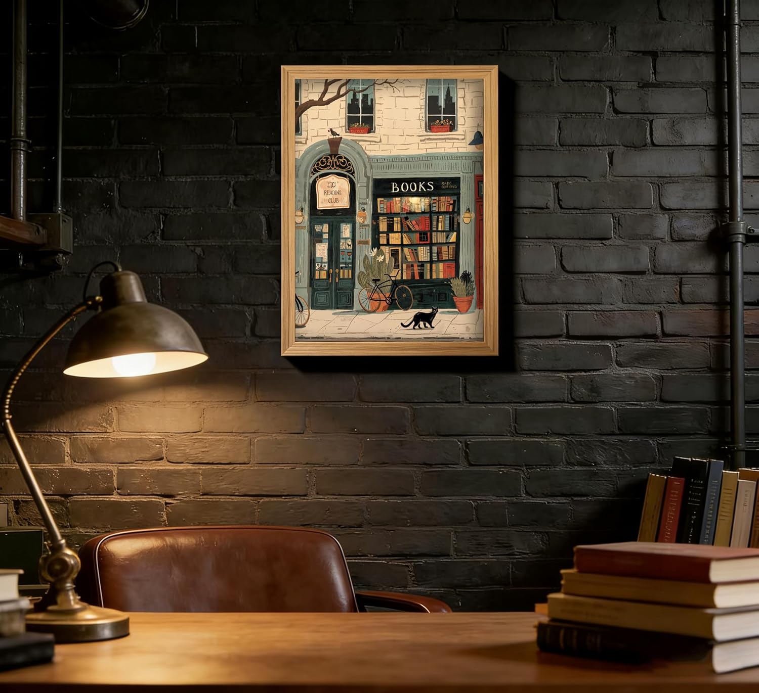 Framed Vintage Book Wall Art Bookstore and Black Cat Painting Canvas Prints Cozy Bookshop Library Bookish Picture Wall Decor Bookworm Reading Nook Poster Artwork for Living Room Bedroom Office
