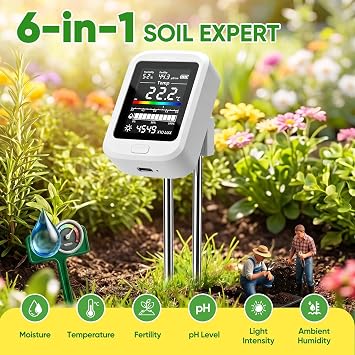 Mcbazel 6-in-1 Soil Meter, Digital Soil Tester for pH, Moisture, Fertility, Temperature, Sunlight, and Ambient Humidity