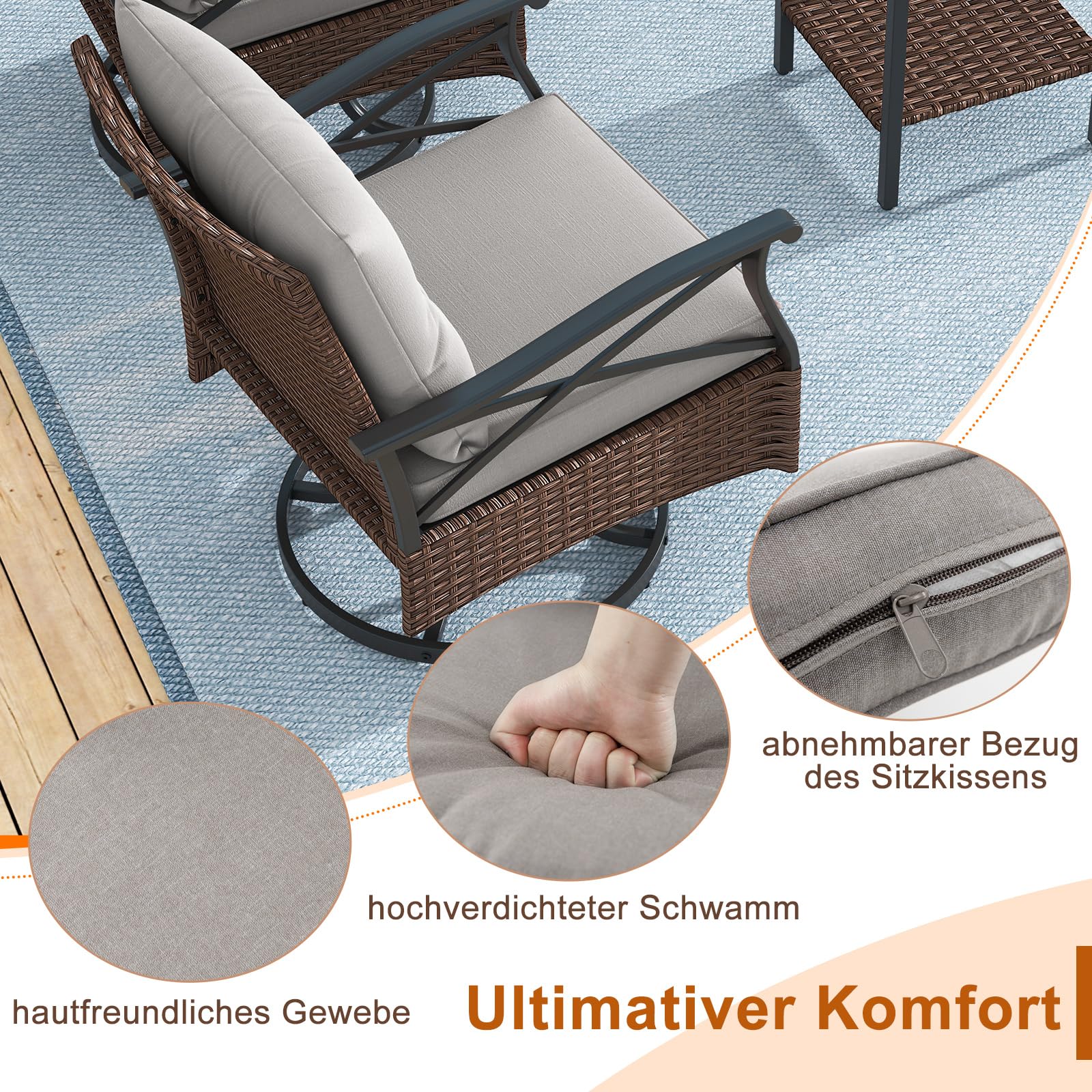 COSTWAY Rattan Gartenmöbel Set, Balkonmöbel inkl. 2 Schaukelstühle mit Drehfunktion, Kissen & Tisch, Balkonset, Terrassenmöbel, Gartengarnitur, Sitzgruppe für Garten, Balkon, Terrasse