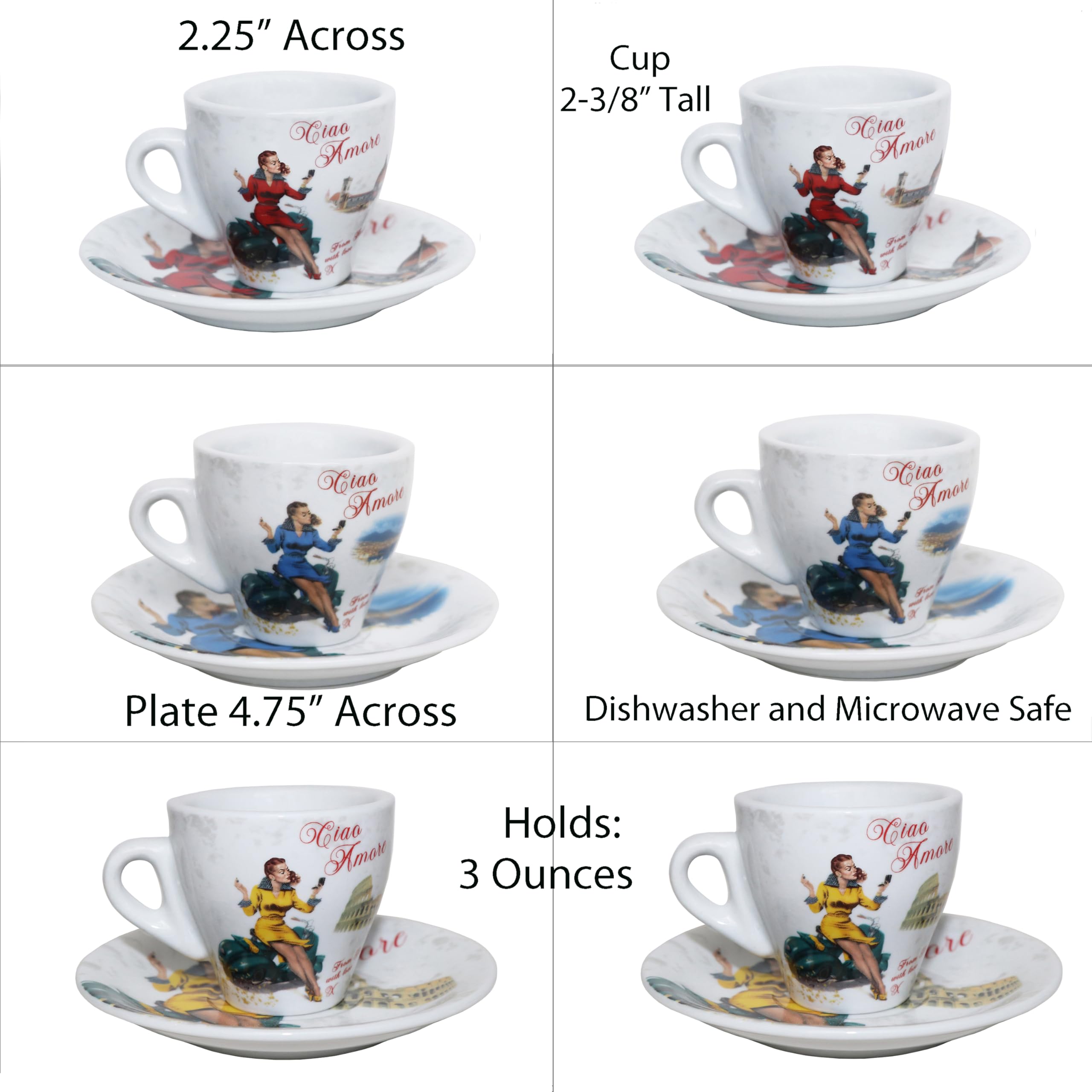 Lorren Home Espressotassen und Untertassen aus Porzellan, Vespa-Szenen-Design, 85 ml, 6 Stück