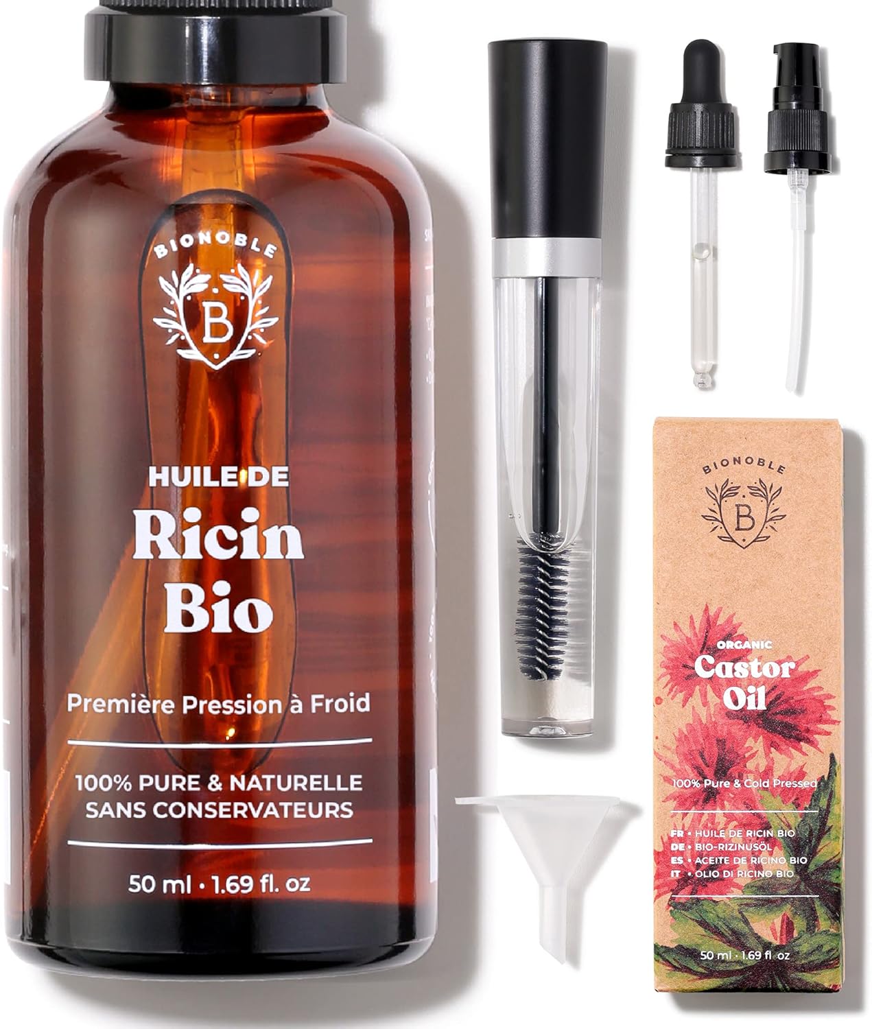 Bionoble Huile de Ricin Bio 50ml + Kit Mascara, Pipette et Pompe Bouteille en Verre 100