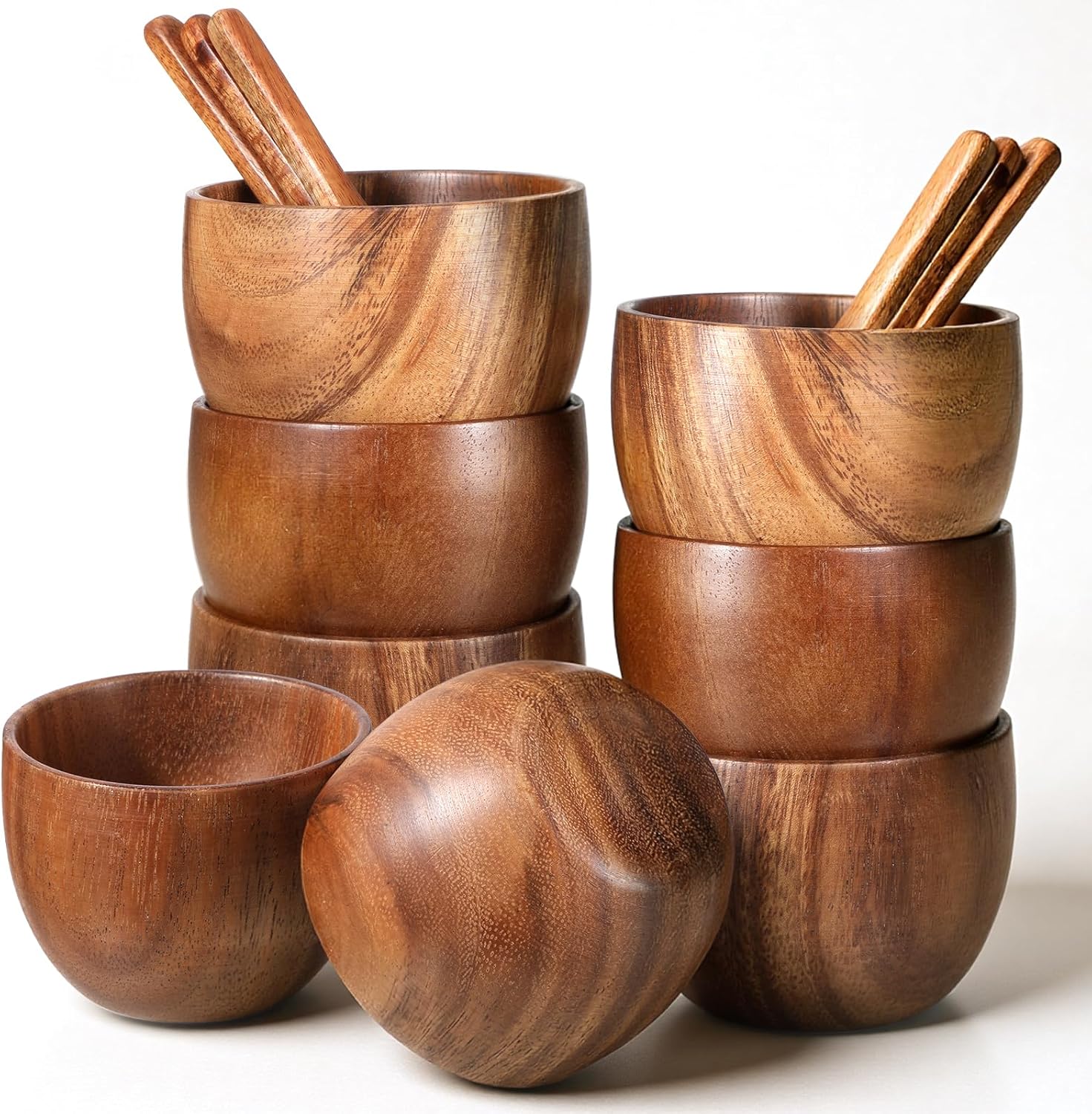 4 Pack Acacia Wooden Bowl with 4 Pcs Spoon Wooden Dipping Bowls Round Wood Salad Hand Carved Calabash Dip Tray for Condiments, Jam, Nuts, Appetizer, Snack, Yogurt, Ketchup, Barbecue Sauce(3 Inch)