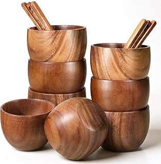 4 Pack Acacia Wooden Bowl with 4 Pcs Spoon Wooden Dipping Bowls Round Wood Salad Hand Carved Calabash Dip Tray for Condiments, Jam, Nuts, Appetizer, Snack, Yogurt, Ketchup, Barbecue Sauce(3 Inch)