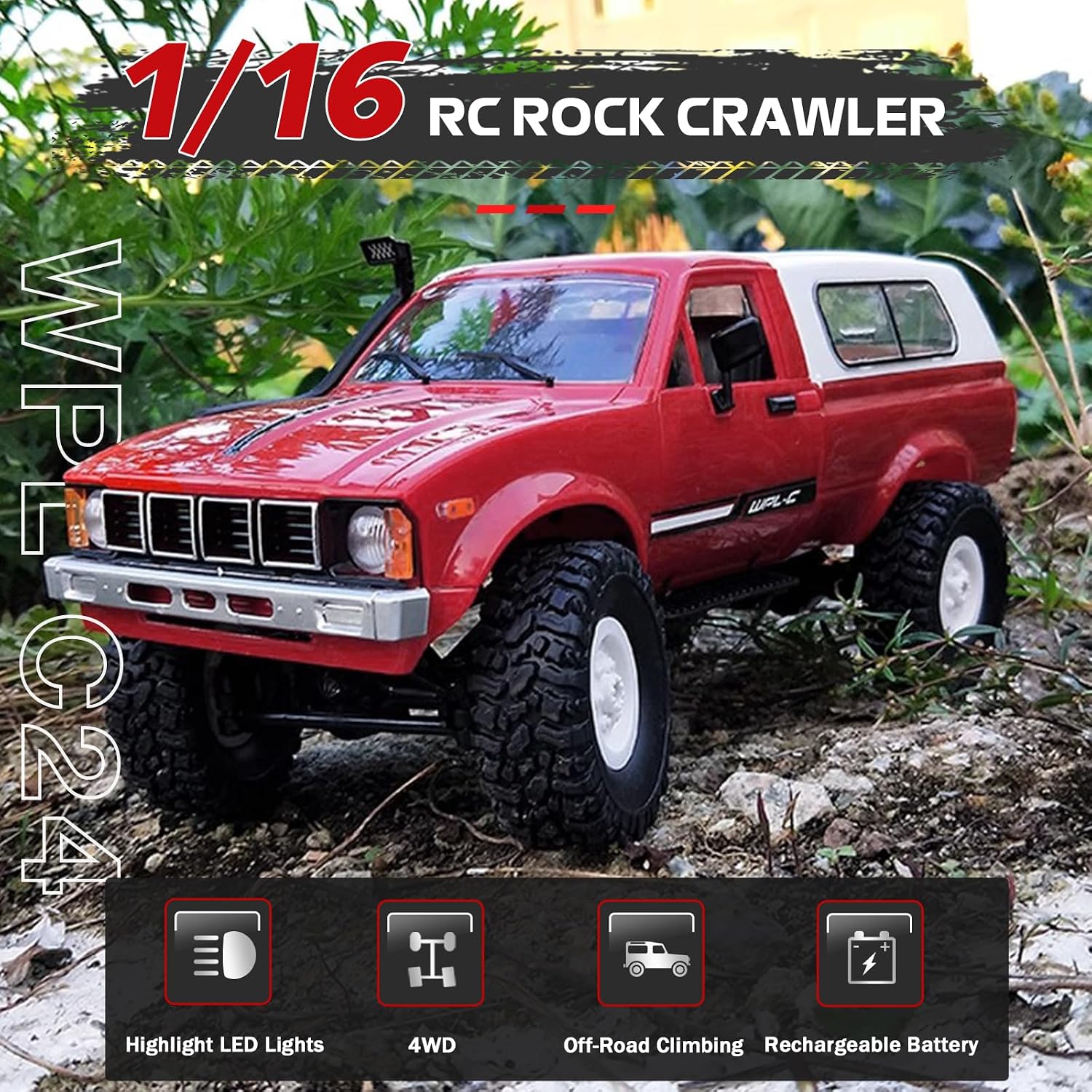 ARRIS RC Rock Crawler WPL C24 4WD 1/16 Pickup Trucks 4x4 Off-Road RC Semi Trucks All Terrain Car, 2.4GHz RTR RC Truck with LED Lights for Adults