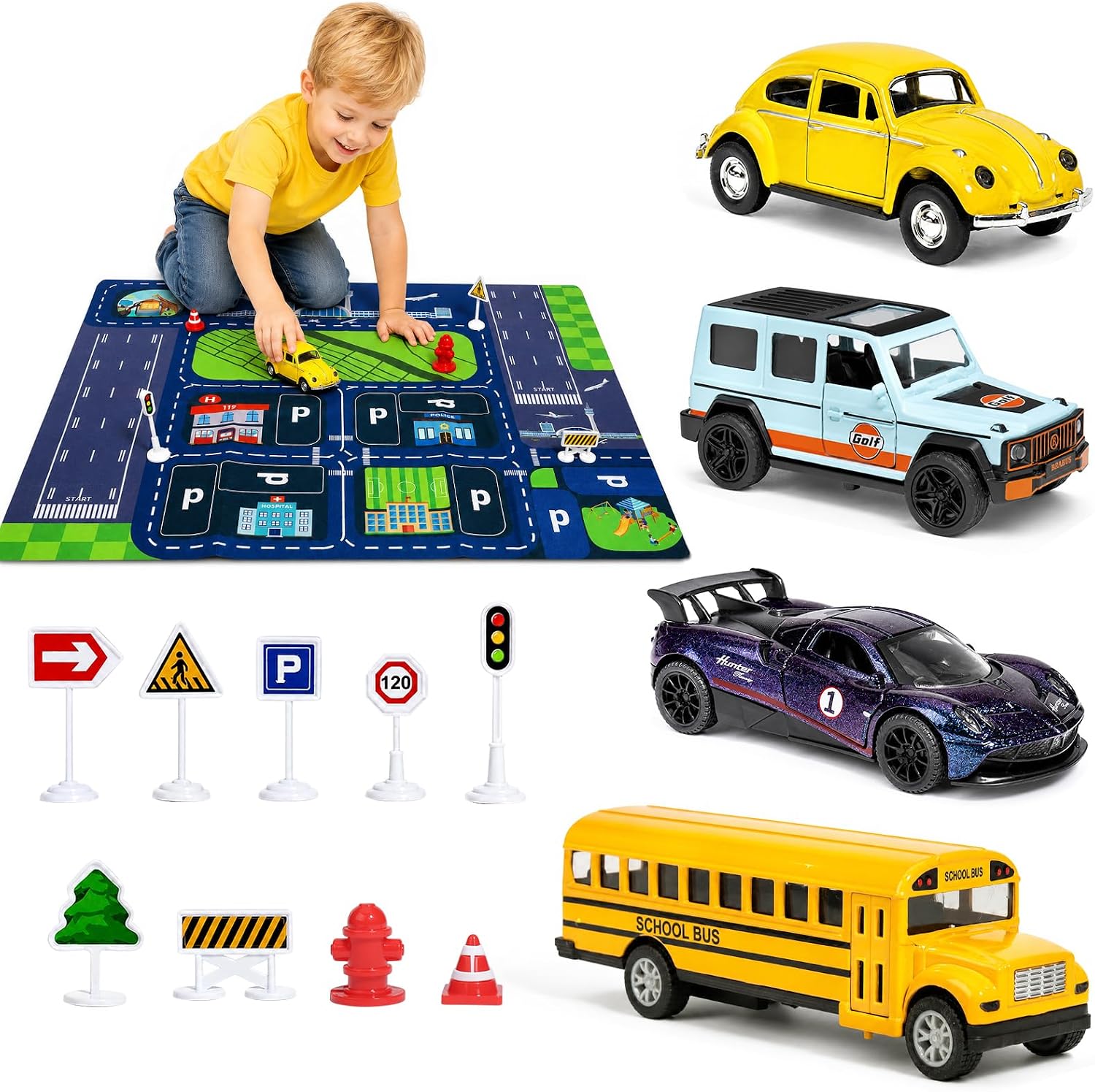 Die-Cast Metal Toy Cars for 3 4 5 6 7 8 Year Old Boys Girls Toddlers, 4 Pack Pull Back Vehicles with City Road Play Mat Traffic Signs, SUV Sports Car School Bus Playset, Birthday Christmas Easter Gift