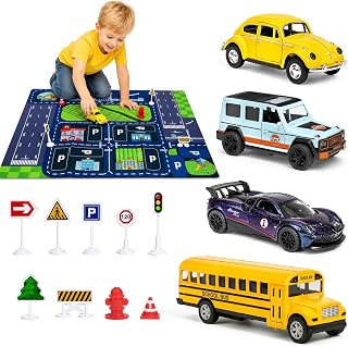 Die-Cast Metal Toy Cars for 3 4 5 6 7 8 Year Old Boys Girls Toddlers, 4 Pack Pull Back Vehicles with City Road Play Mat Traffic Signs, SUV Sports Car School Bus