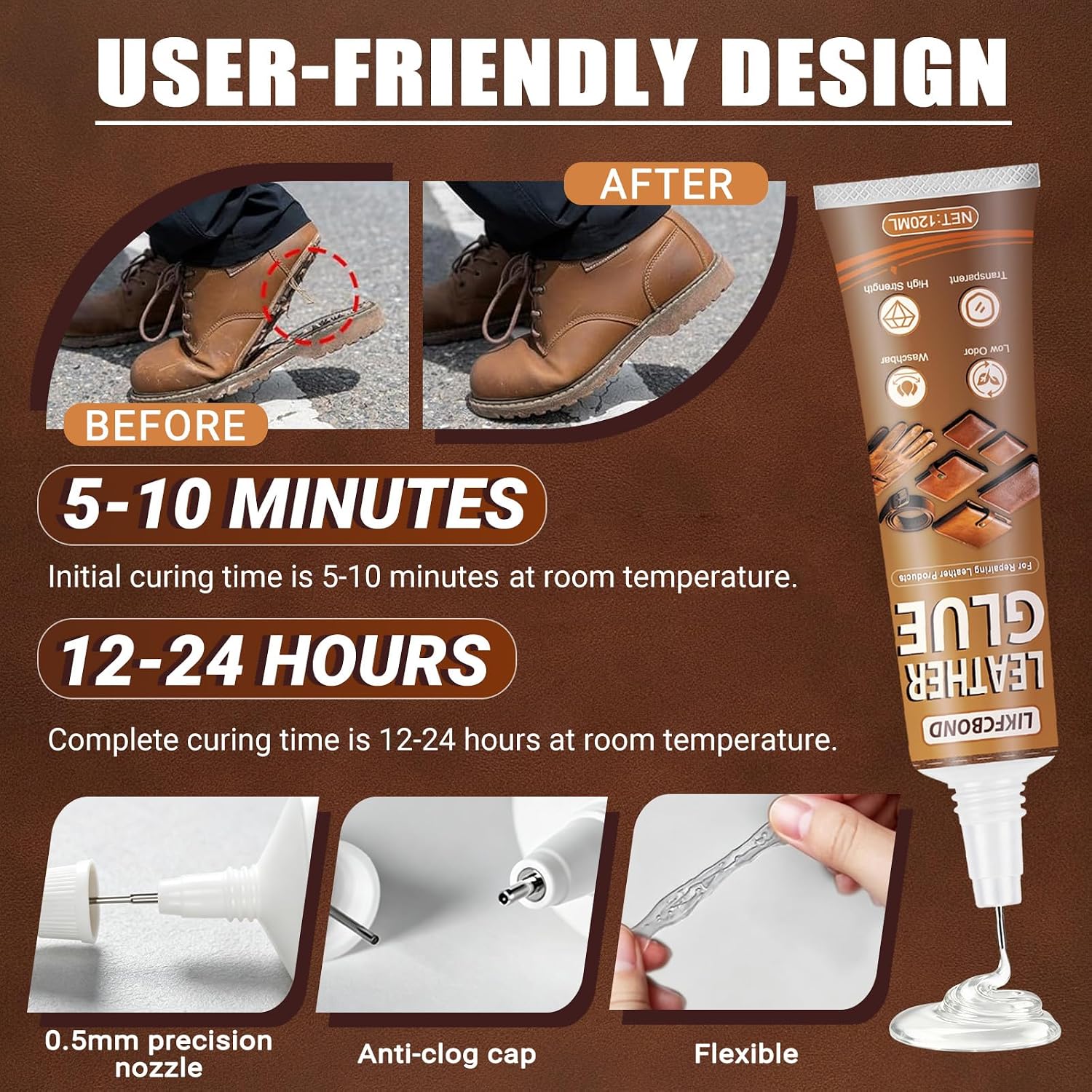 Leather Glue Permanent 120ml, High Strength Leather Adhesive Clear, Flexible Fast Drying Repair Leather Glue for Jackets, Handbags, Sofas, Furniture, Shoes, Purses, Car Seats(4.05floz)