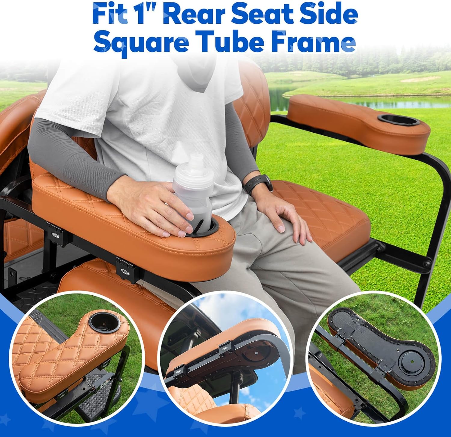 NOKINS Golf Cart Seat Covers for Club Car Precedent, Vinyl Front&Rear Seat Cover with Flip-Up Armrests kit, with Cup Holder, for 1" Square Tube (All Brown)