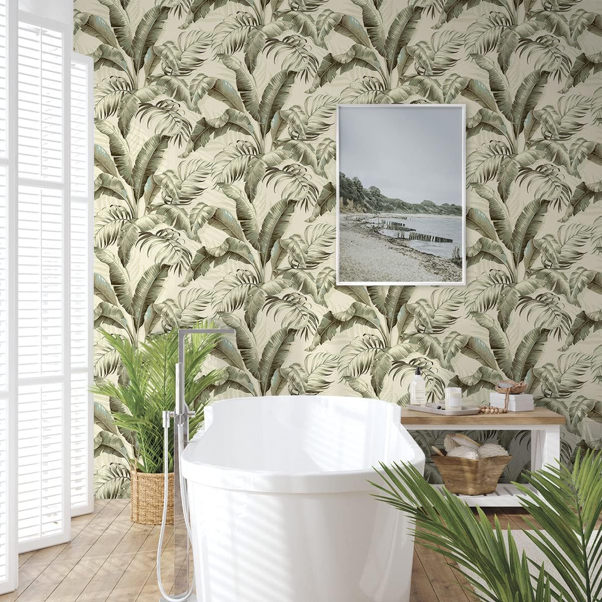 Tommy Bahama - Peel and Stick Wallpaper, Tropical Wallpaper for Bedroom, Powder Room, Kitchen, Vinyl, 30.75 Sq Ft Coverage (Palmiers Collection, Silver Birch)