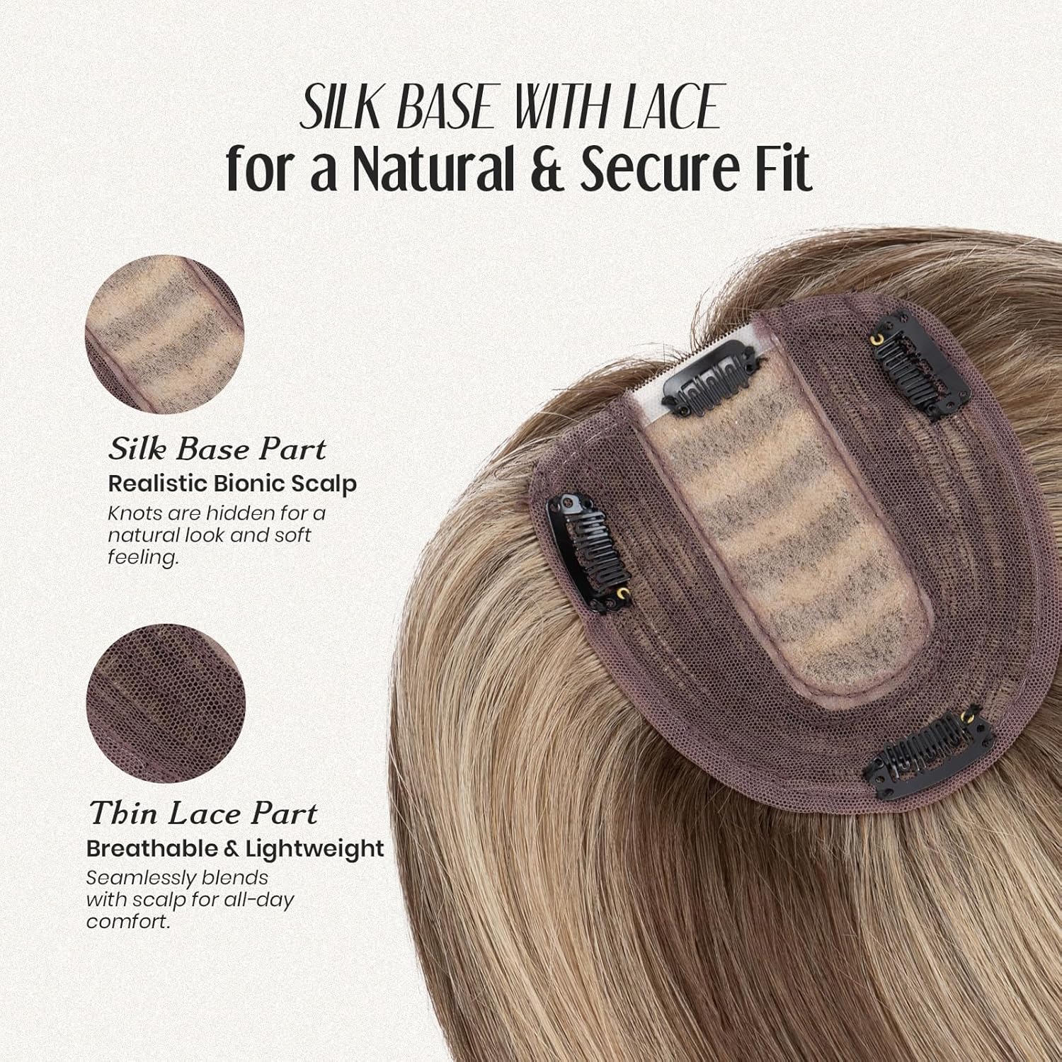 MY-LADY Human Hair Toppers for Women Real Human Hair Thin 10 * 12CM Silk Base with Lace 130% Density Clip in Remy Hairpieces 12 Inch Medium Brown & Dark Blonde