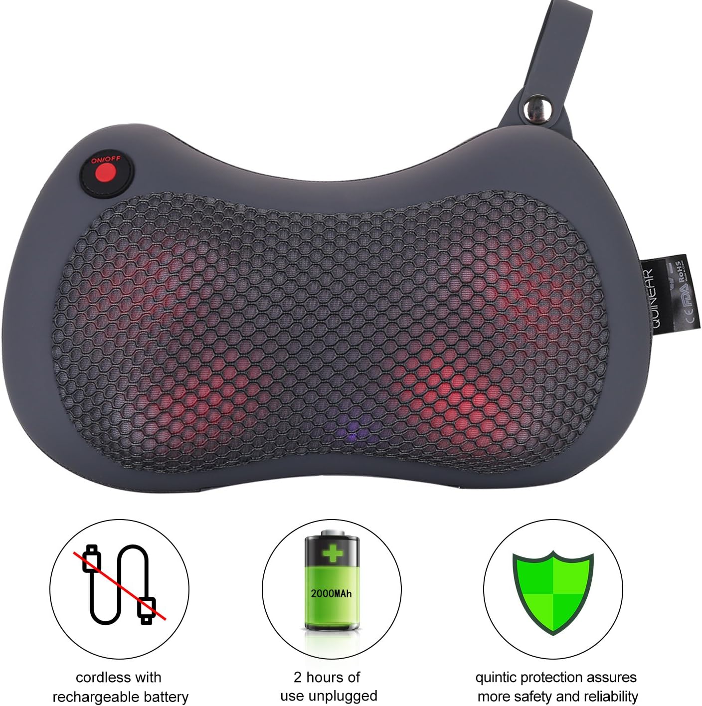 QUINEAR Cordless Massage Pillow with Heat for Neck Shoulder and Back Massage with Rechargeable Battery Home Office Car Use