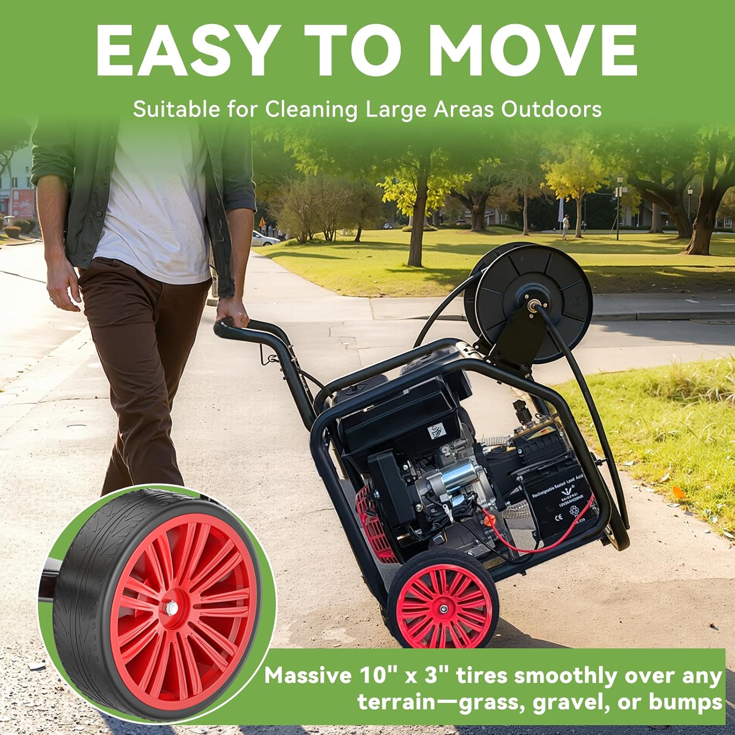 4400PSI Gas Pressure Washer with Hose Reel, 4.5 GPM, One-Button Electric Start 420CC 15HP Commercial Pressure Washer with 50FT 3/8" Hose, Spray Gun & Wand, 5 Quick Connect Nozzles