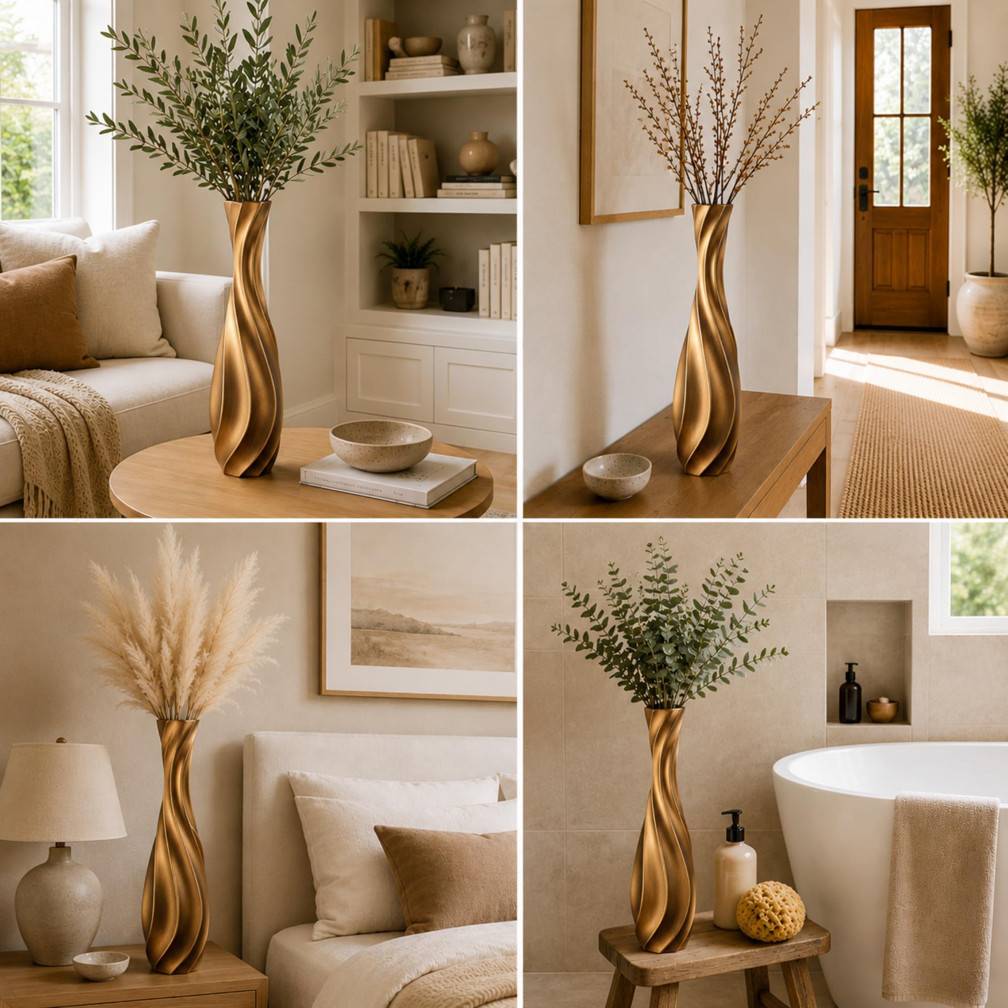 Leewadee Gran Jarrón de Suelo 50 cm Poliresina para Pampa & Flores Secas | Jarrón deco para el salón: impermeable para flores frescas, ideal para Pampa & ramas, aspecto cerámica pero más resistente