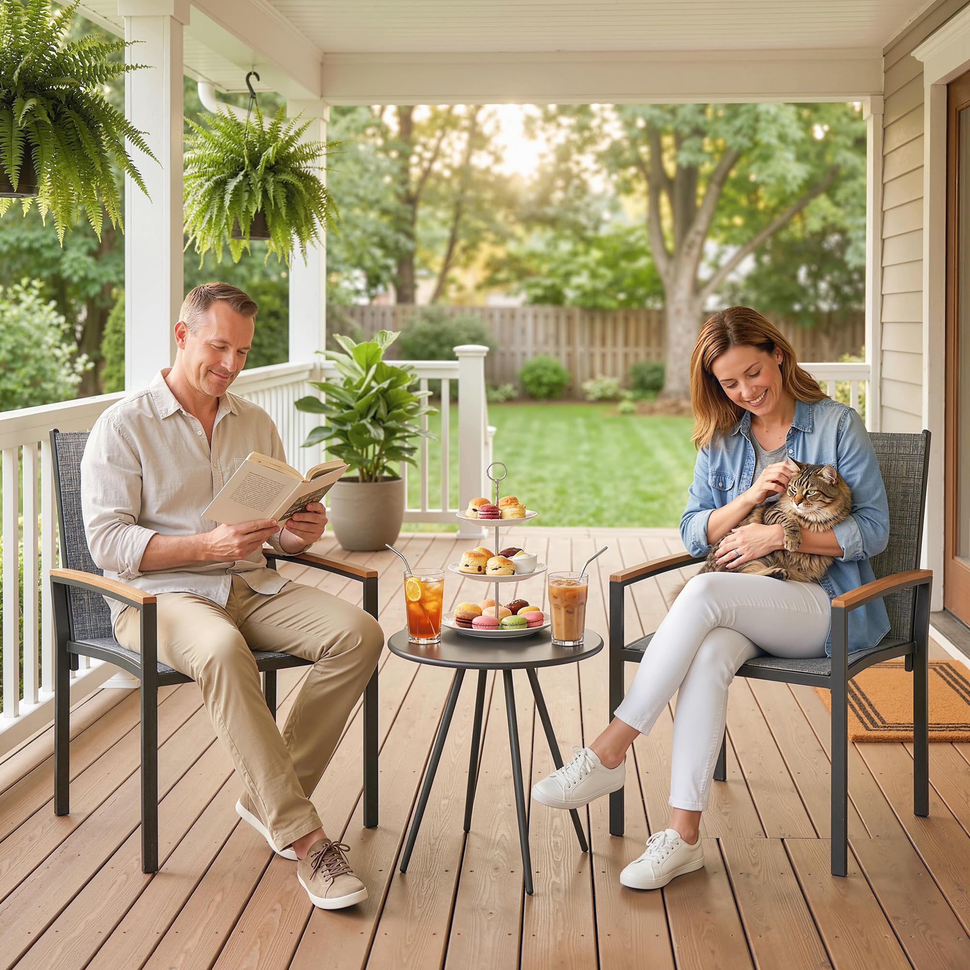 Outsunny Set da Bistrò da 3 Pezzi, Set da Giardino con 2 Sedie Texteline, Tavolo con Piano Metallo, Braccioli Decorativi, Set di Mobili da Giardino in Acciaio, per Patio Balcone Terrazzo, Grigio Misto
