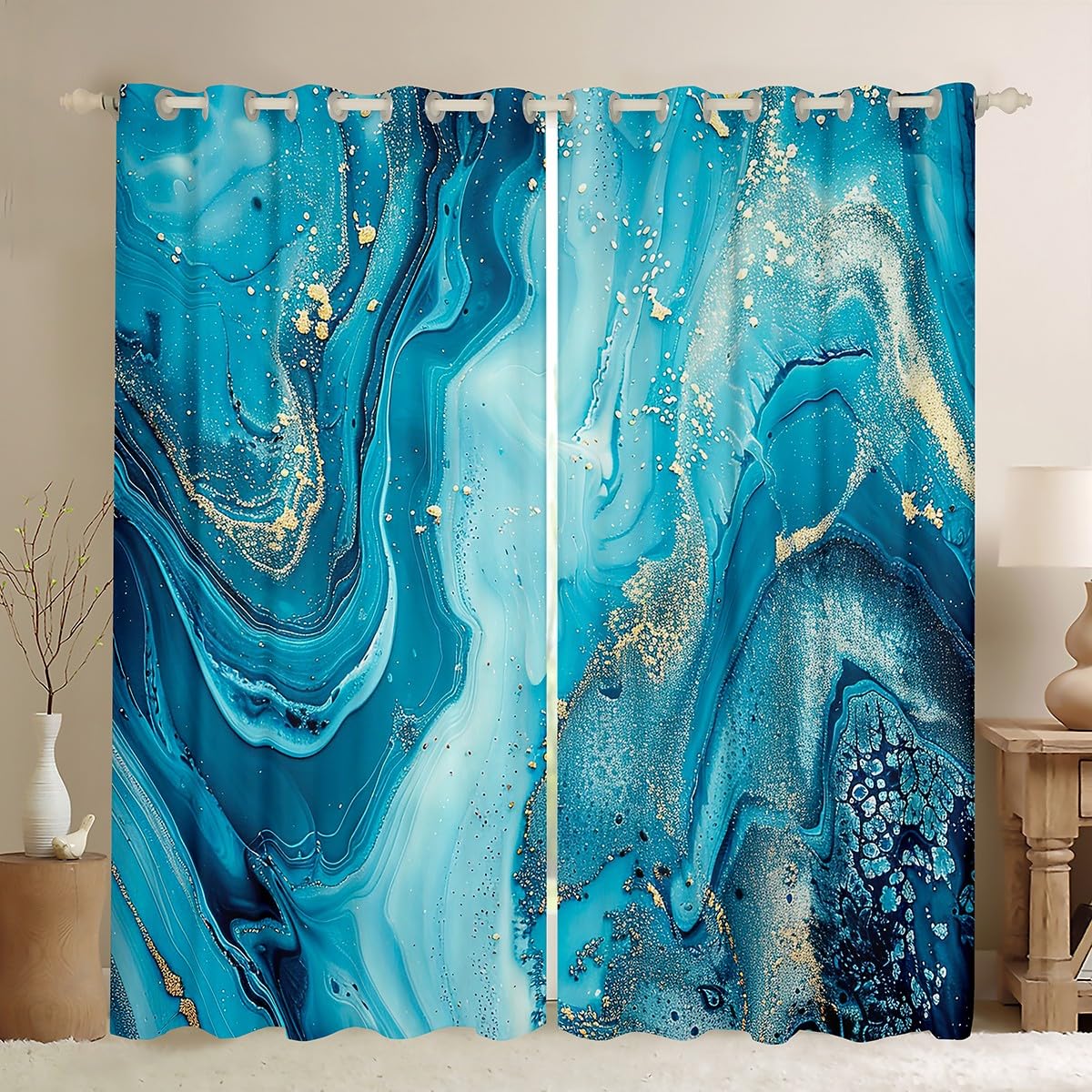 Erosebridal Marble Curtains for Living Room, Teal Blue Marble Window Curtain, Teal Gold Liquid Room Curtains for Bedroom Quicksand Turquoise Drapes 2