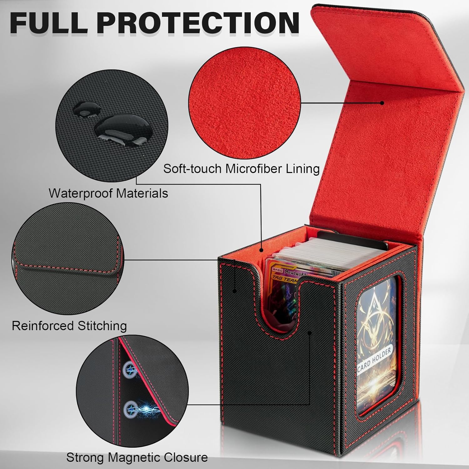 Deck Box con Due Divisori,Magnetic Flip Deck Box Magic mit Display per MTG Magic Commander TCG,Porta Deck Capacità di 100+ Carte,Pelle PU Deckbox,Nero Rosso
