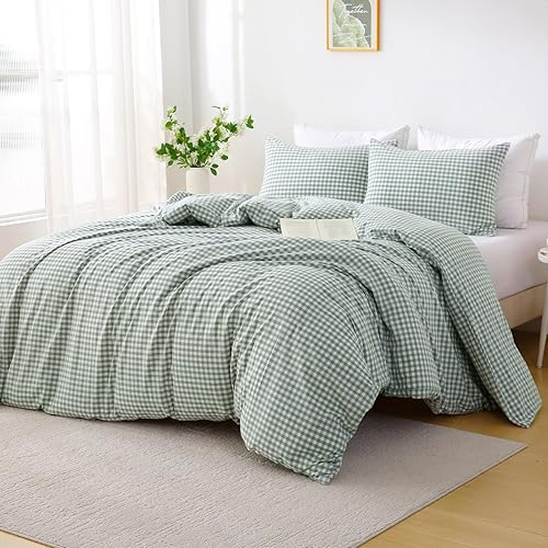 Mywinle Dusty Green/White Gingham 3-Piece Duvet Cover Set Queen Size Soft Washed Cotton Plaid Checkered Bedding Set for Bed Room