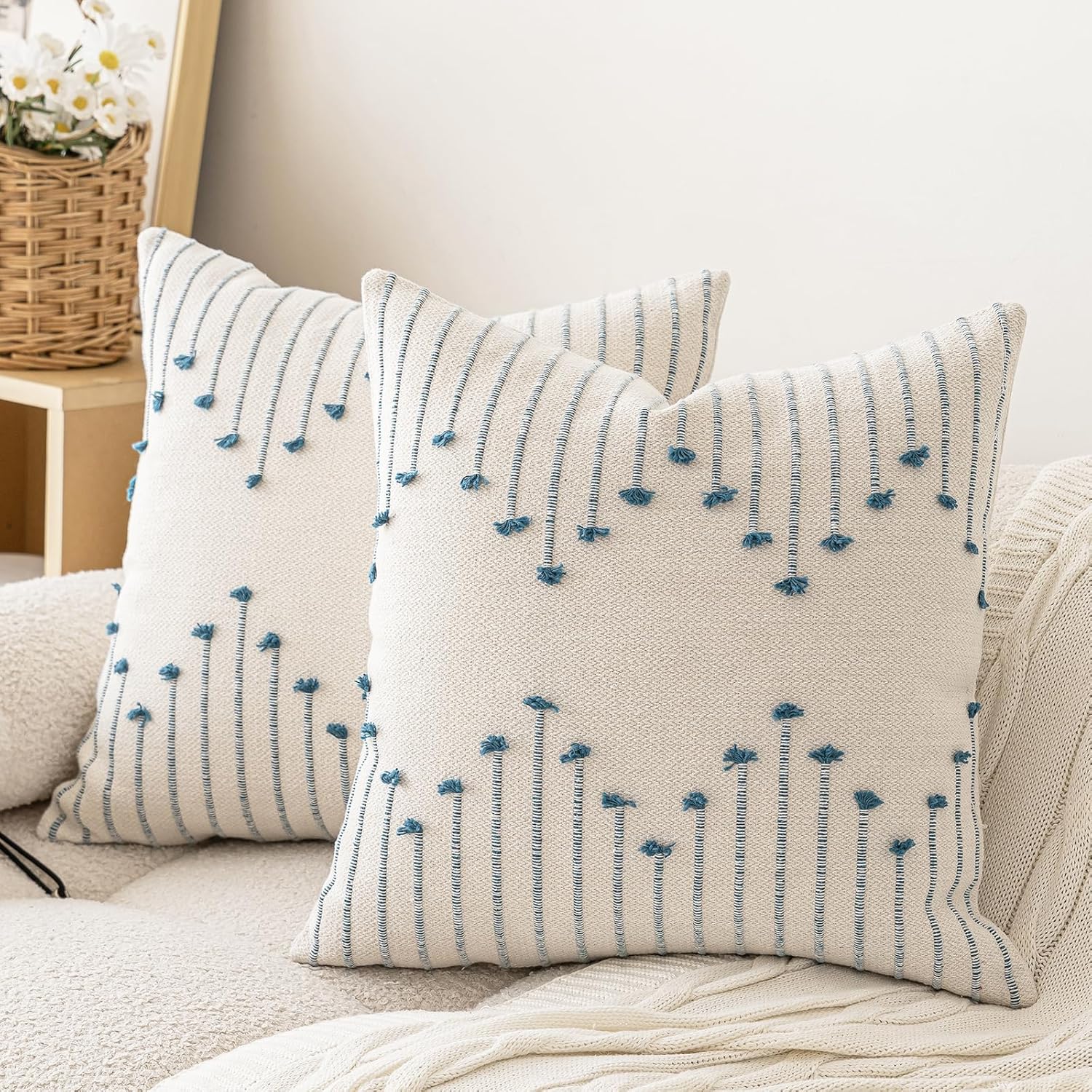 LILEPOY Boho Throw Pillow Covers 18x18 Set of 2 Neutral Decorative Textured Cushion Case Farmhouse Pillowcase Modern Square Pillow Covers for Sofa,Couch, Living Room,Beige and Blue