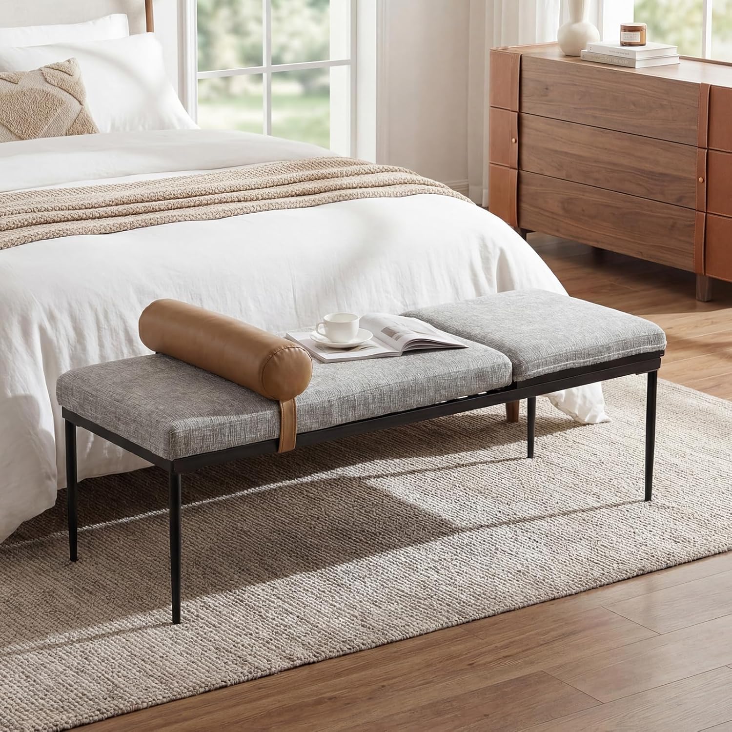 Modern 55" White Sherpa End of Bed Bench, Upholstered Entryway Bench with Detachable Pillow for Living Room, Cream Long Bench with Gold Metal Legs for Bedroom Foyer Indoor Entryway