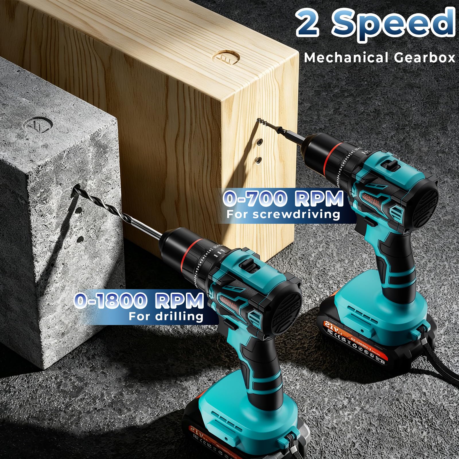 Trapano Avvitatore a Batteria 21V, 2 Batterie 2,0 Ah | 70 Nm Max, 25+3 Livelli di Coppia, 2 Velocità, Luce LED, Mandrino 10 mm