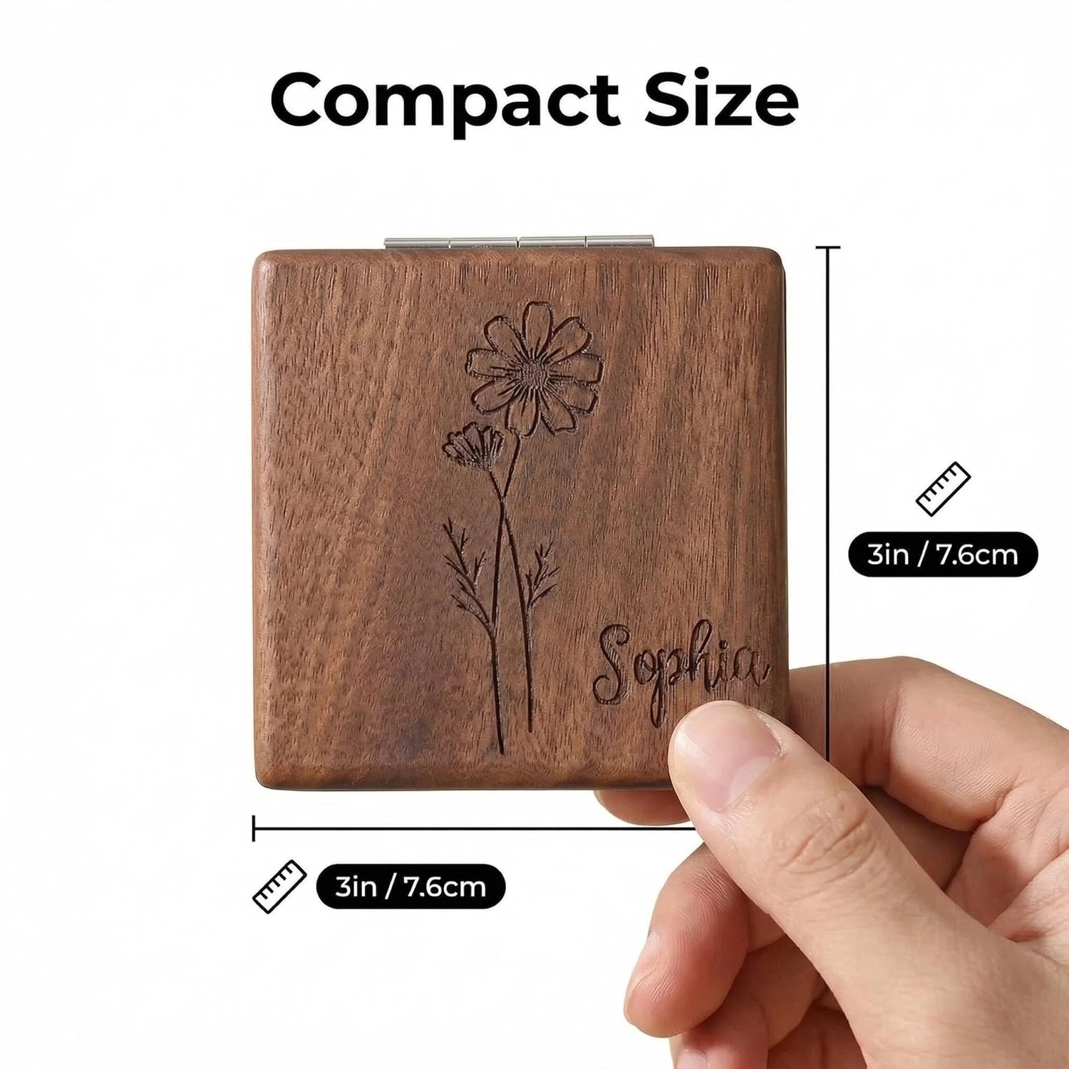 Birth Flower Walnut Compact Mirror, Personalized Gift for Her