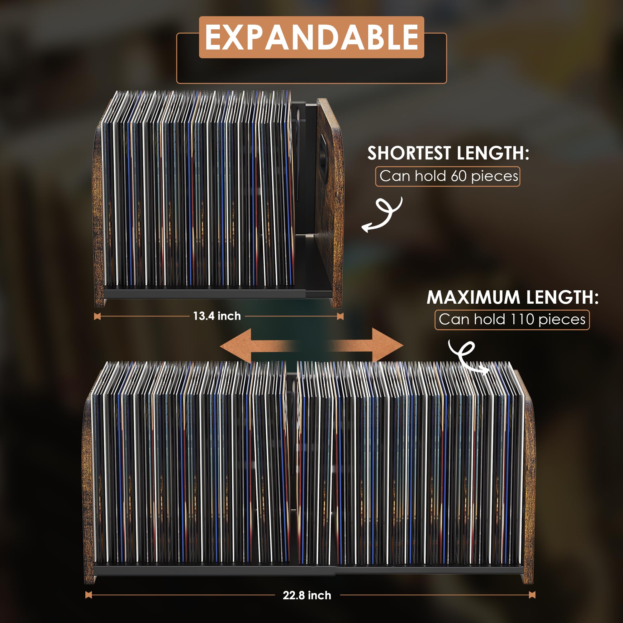 Soporte de almacenamiento de discos de vinilo, soporte expandible con divisor móvil, almacenamiento de álbumes de 110 LP para discos de vinilo, soporte de vinilo, estante de exhibición de discos,