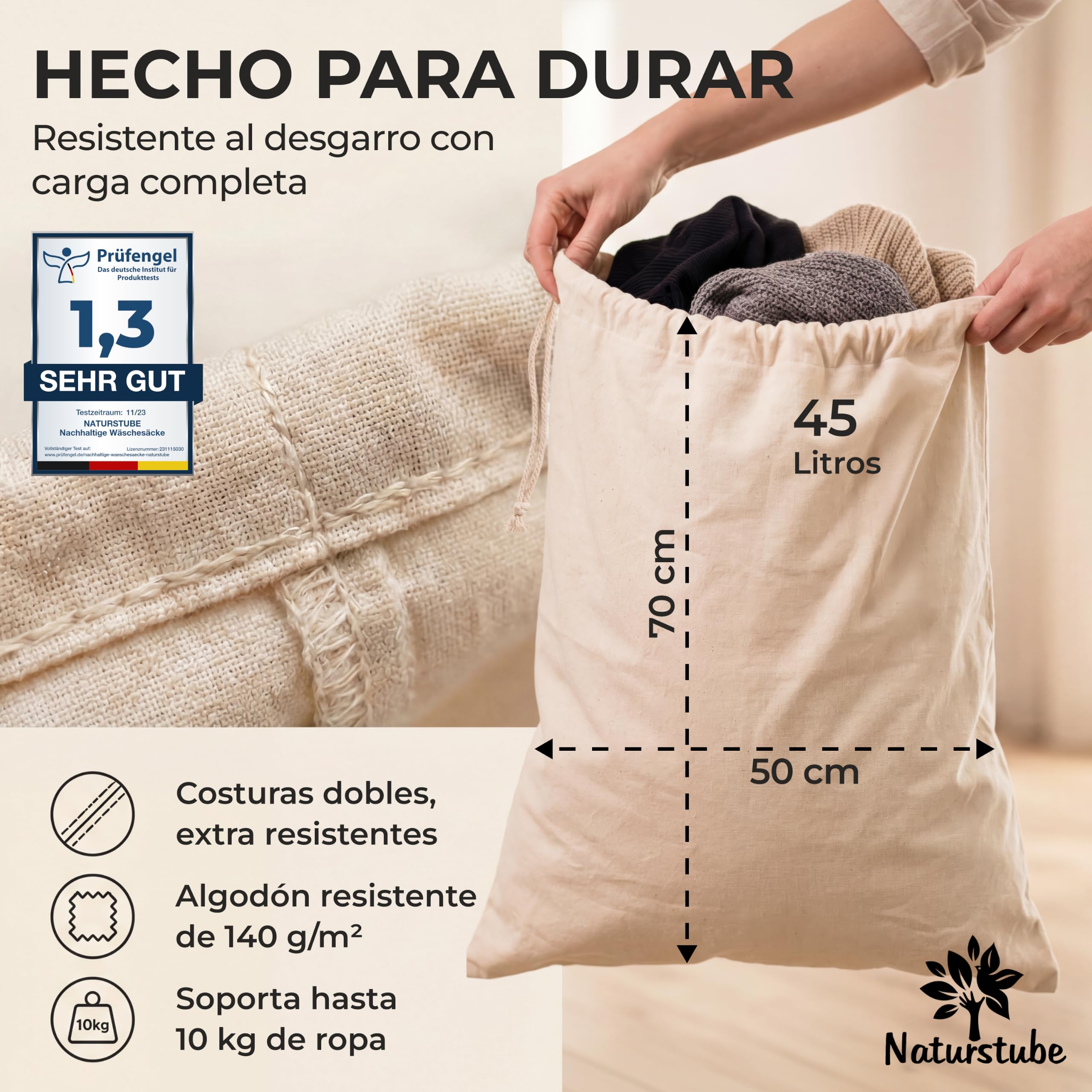 Bolsa Ropa Sucia, 2 Unidades 50 x 70 cm – Saco Ropa Sucia Resistente 45l, 100% Algodón [Certificado Öko-Tex], Bolsa Lavandería, Saco Tela Grande, Laundry Bag, Saco Tela Viaje