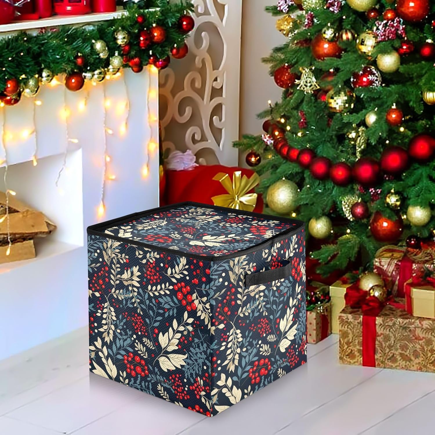 Christmas Holly Pine Christmas Ornament Storage Box for Next Season Holiday Decorations Storage Container with Adjustable Dividers & Lid Collapsible Storage Boxes for Ornaments Balls Decor Organizing