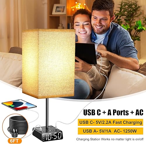Miniatura 10 de Yostyle Lámpara de mesa con 4 puertos USB y tomas de corriente alterna, base de reloj despertador con cable de extensión de 5 pies, pantalla