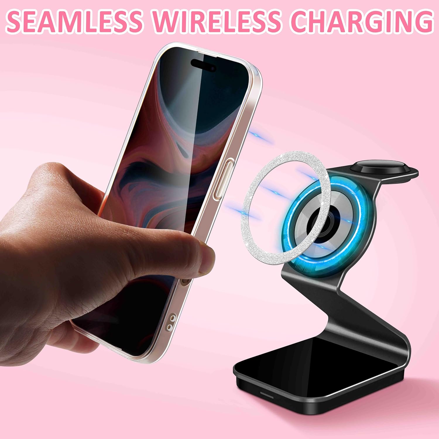 Jsoerpay Universal Metal Rings Compatible with Magsafe Sticker for All Phone Cases & Wireless Charging, Magnetic Car Mount/Phone Holder Conversion Kit, 4 Pack Glitter Silver thumbnail